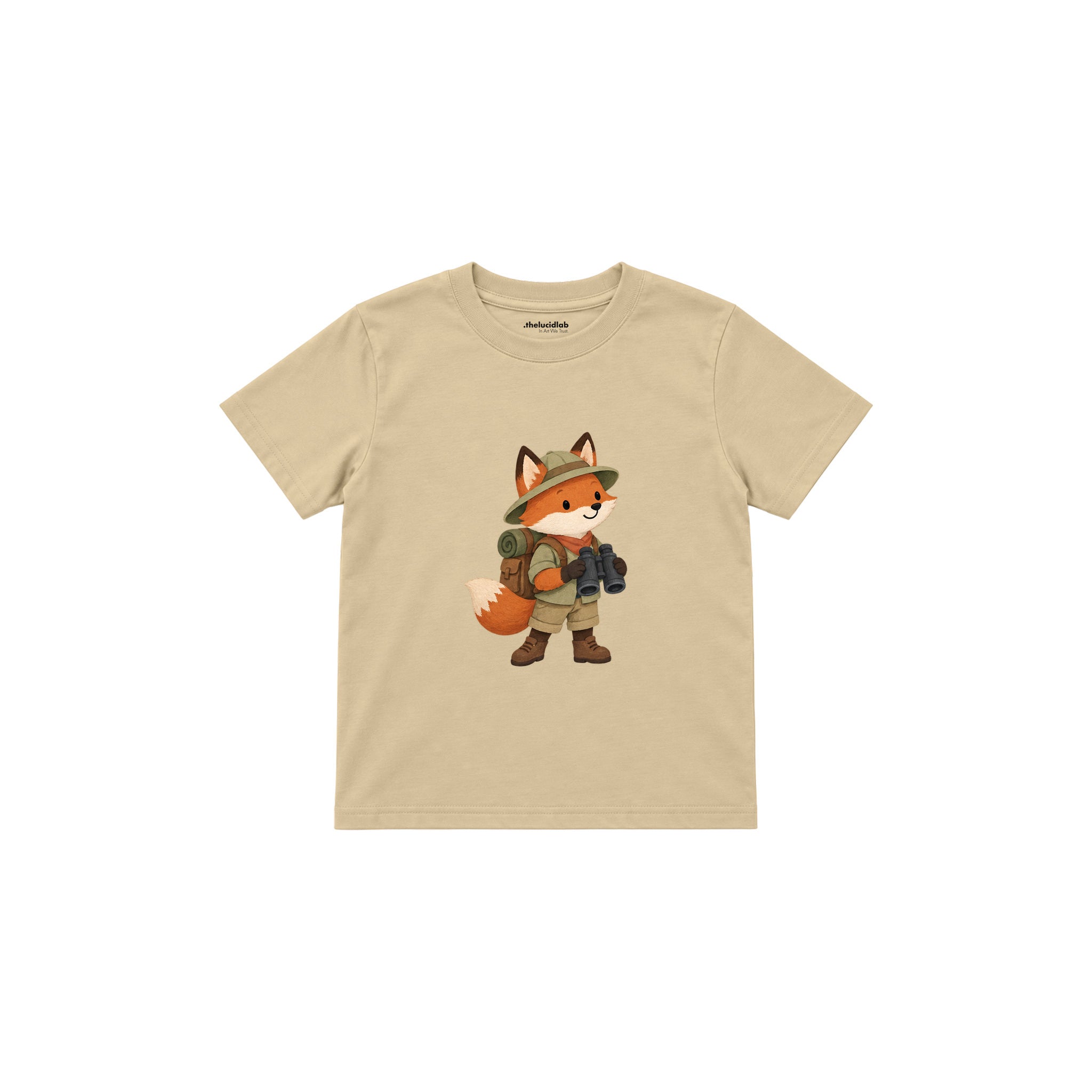 Fox with explorer backpack and binoculars Çocuk Tişört — Krem — ön görünüm