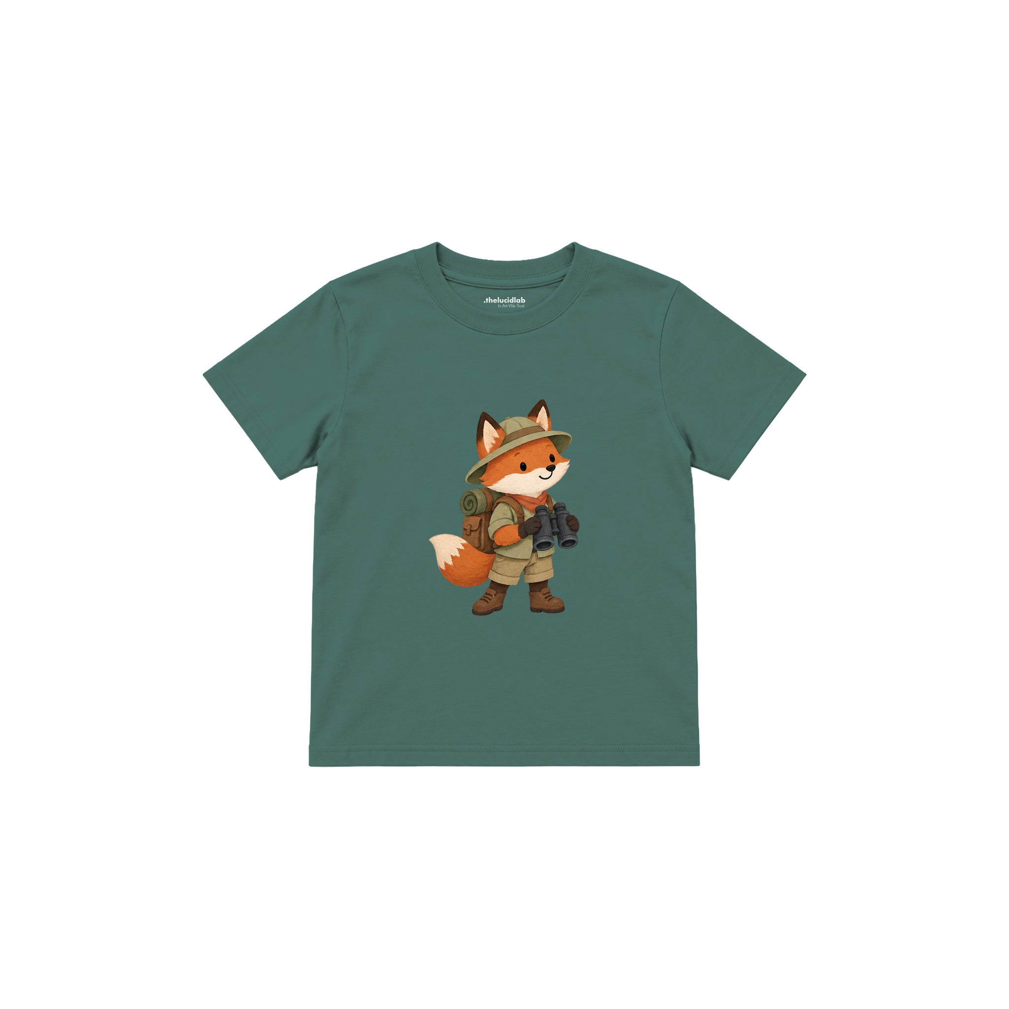Fox with explorer backpack and binoculars Çocuk Tişört — Yeşil — ön görünüm