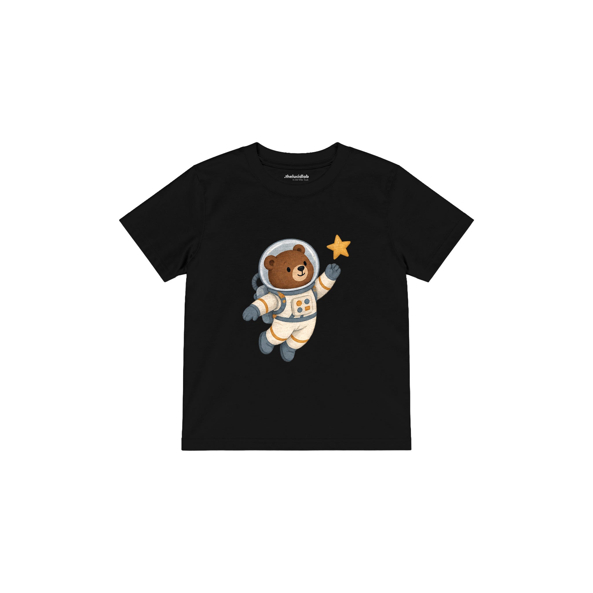 Bear astronaut floating with one star Çocuk Tişört — Siyah — ön görünüm