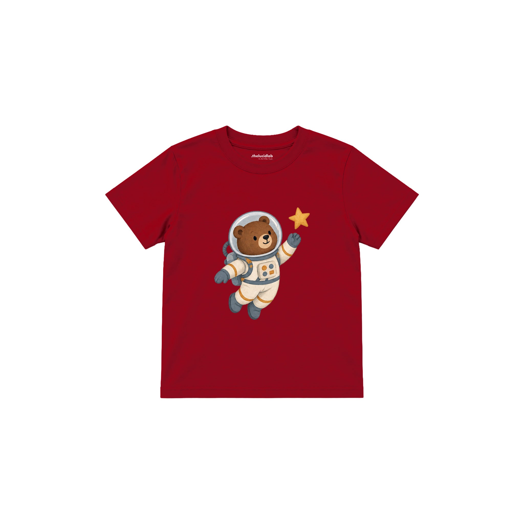Bear astronaut floating with one star Çocuk Tişört — Kırmızı — ön görünüm