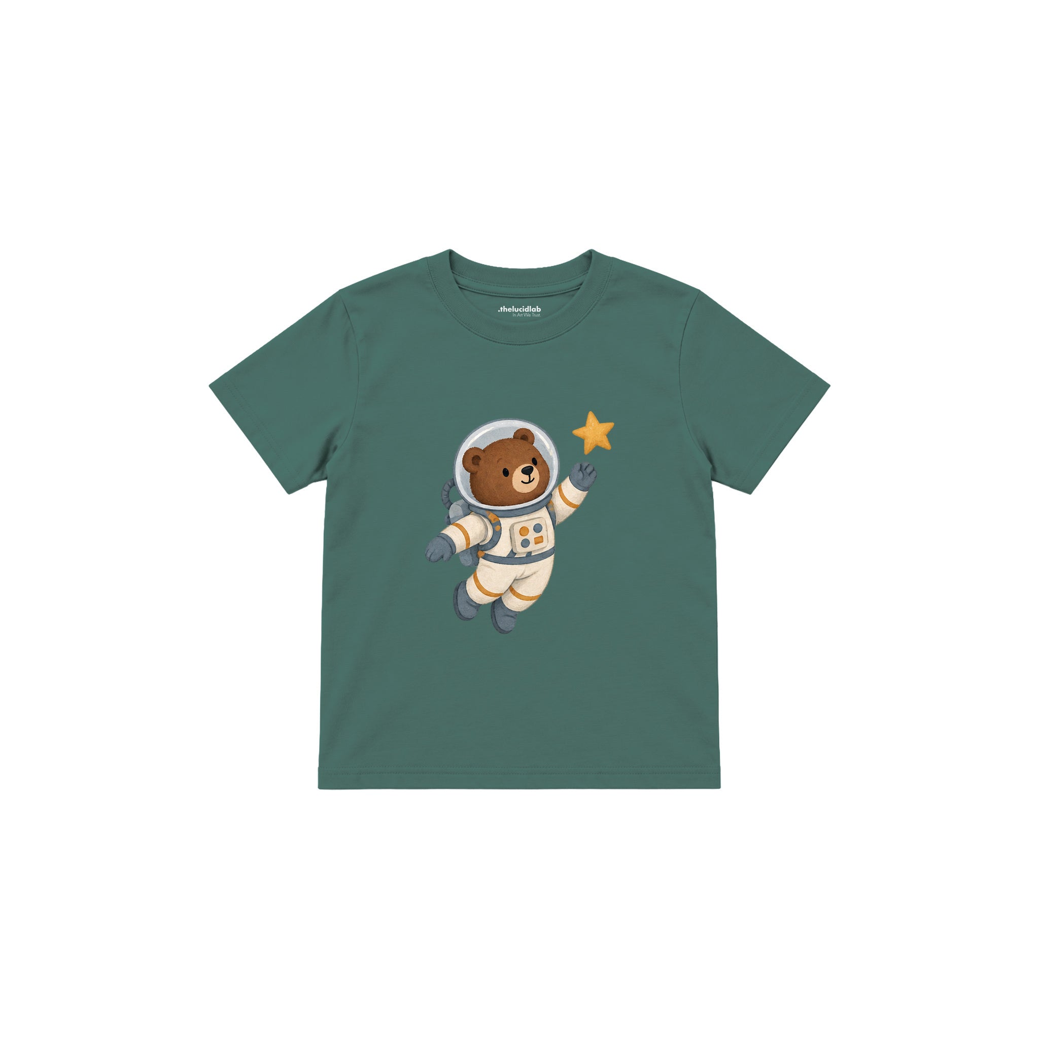 Bear astronaut floating with one star Çocuk Tişört — Yeşil — ön görünüm