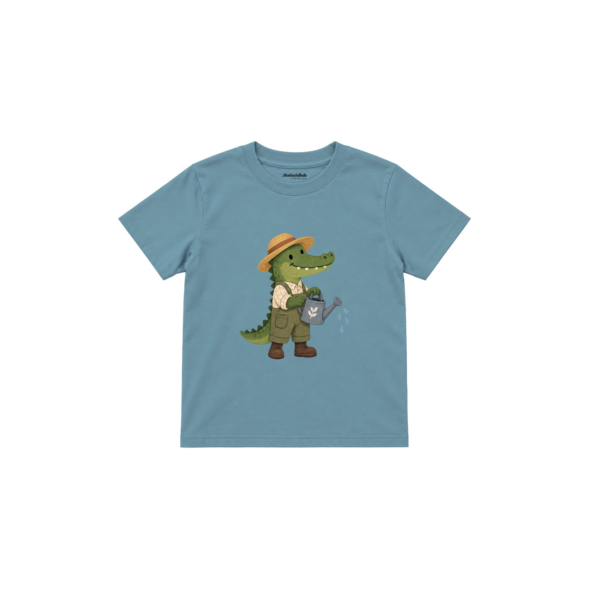 Crocodile gardener with a watering can Çocuk Tişört — Çelik Mavi — ön görünüm