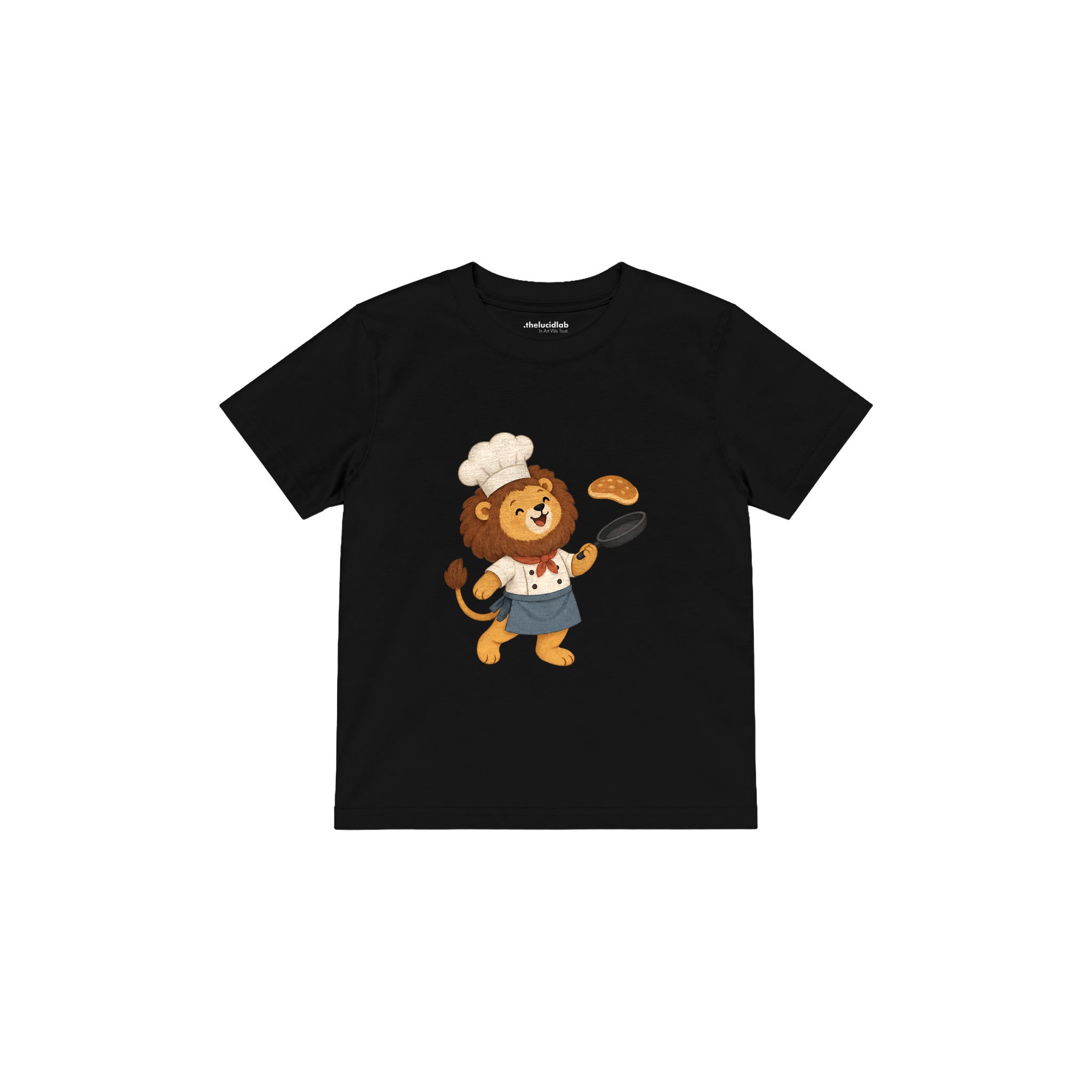 Lion chef tossing a pancake Çocuk Tişört — Siyah — ön görünüm