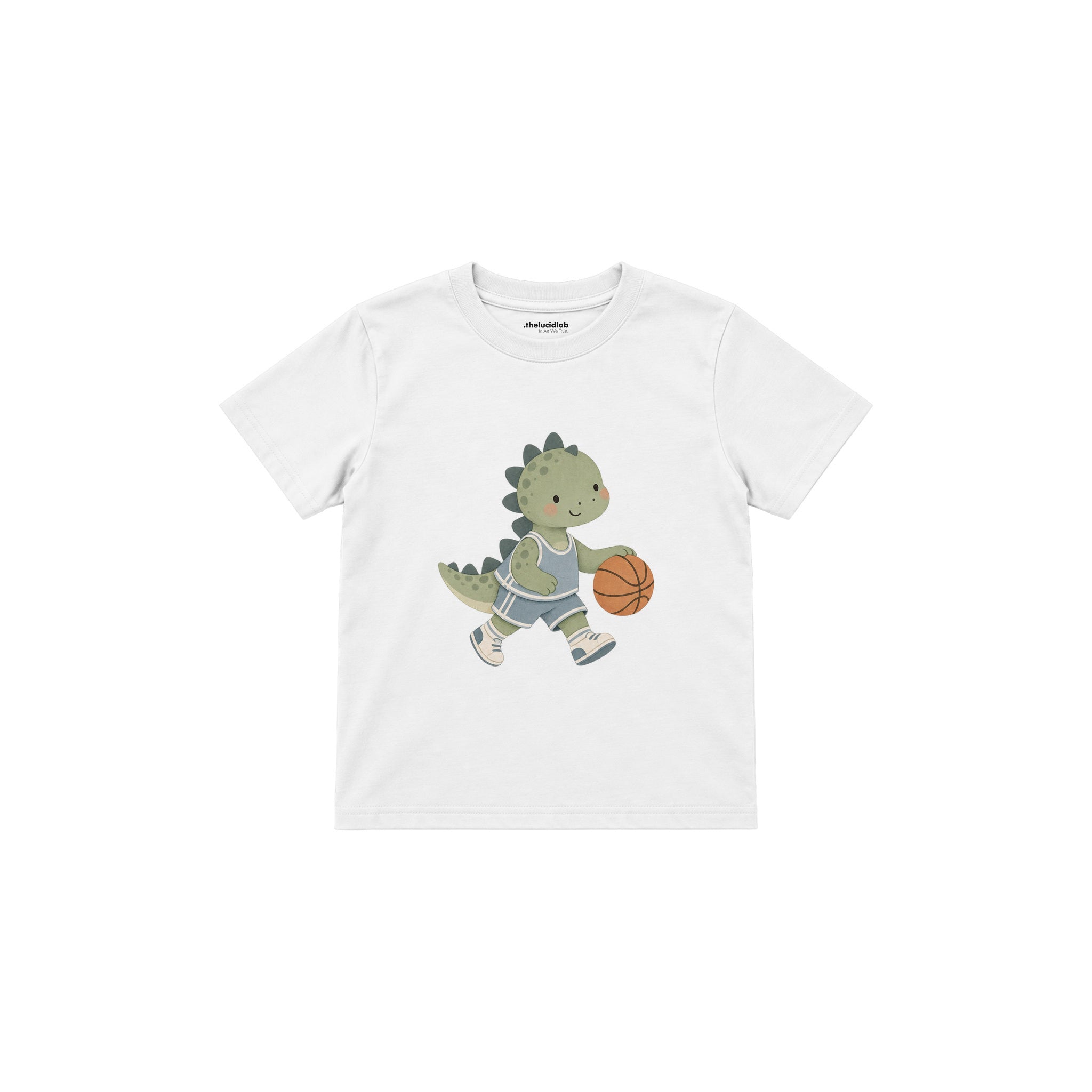 Dinosaur playing basketball Çocuk Tişört — Beyaz — ön görünüm