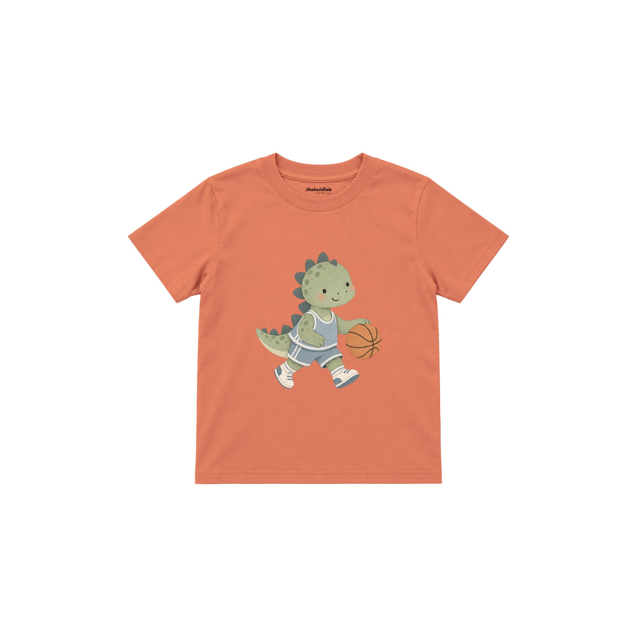Dinosaur playing basketball Çocuk Tişört — Somon — ön görünüm