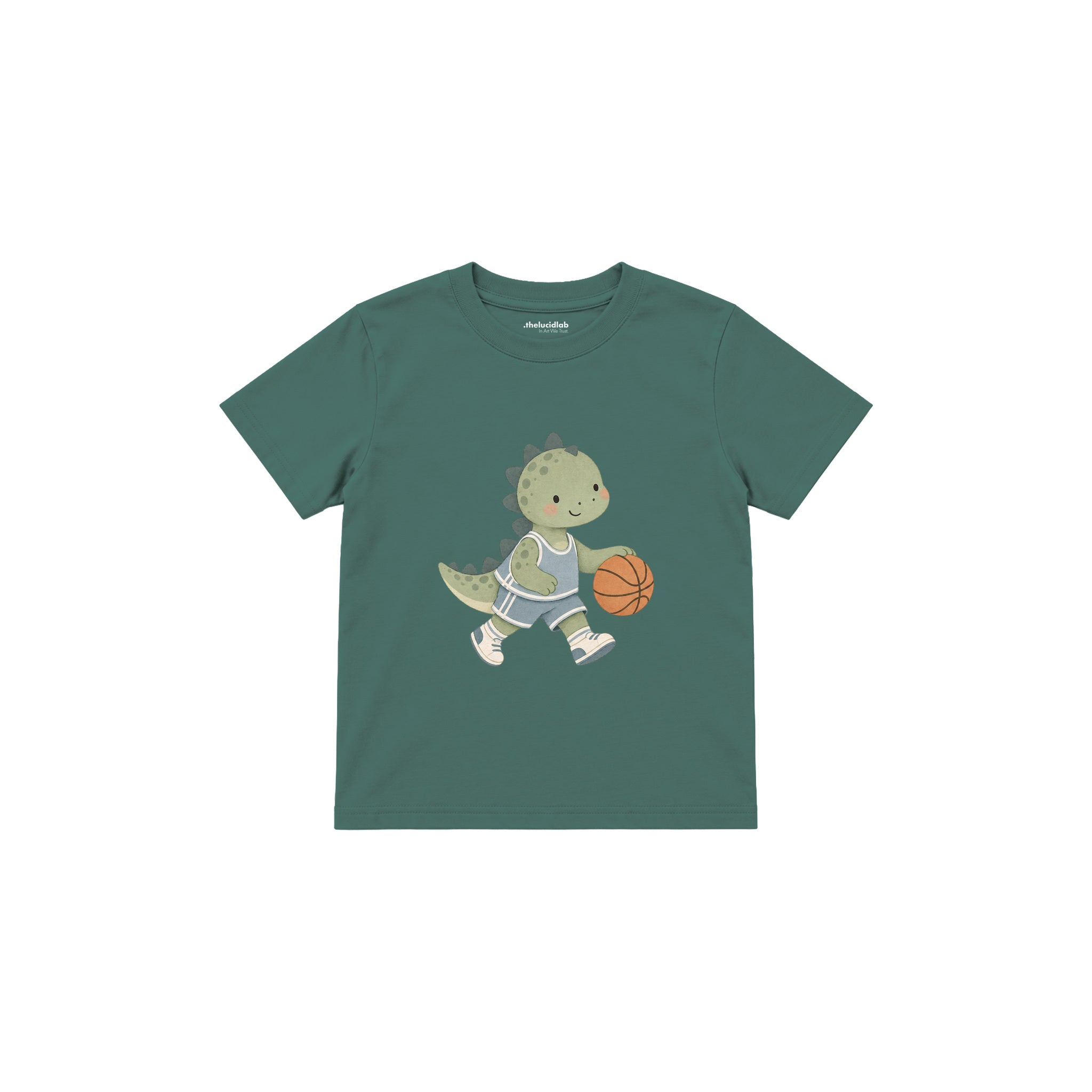 Dinosaur playing basketball Çocuk Tişört — Yeşil — ön görünüm