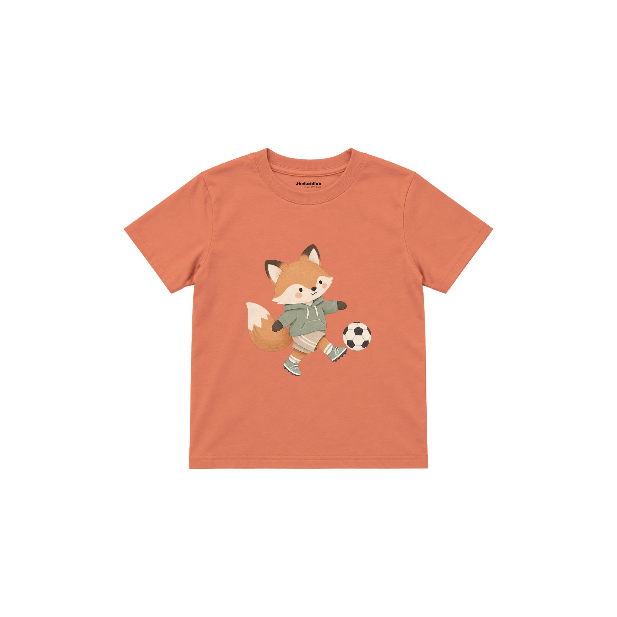 Fox kicking a football Çocuk Tişört — Somon — ön görünüm