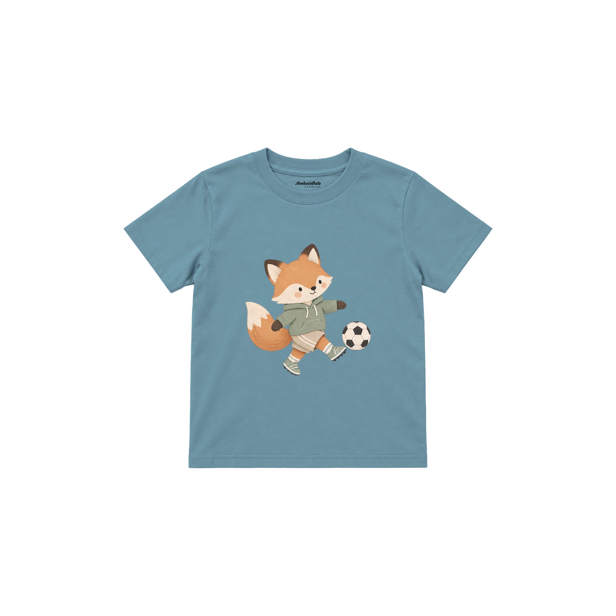 Fox kicking a football Çocuk Tişört — Çelik Mavi — ön görünüm