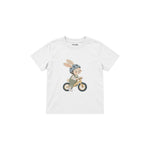 Rabbit riding a balance bike Çocuk Tişört — Beyaz — ön görünüm