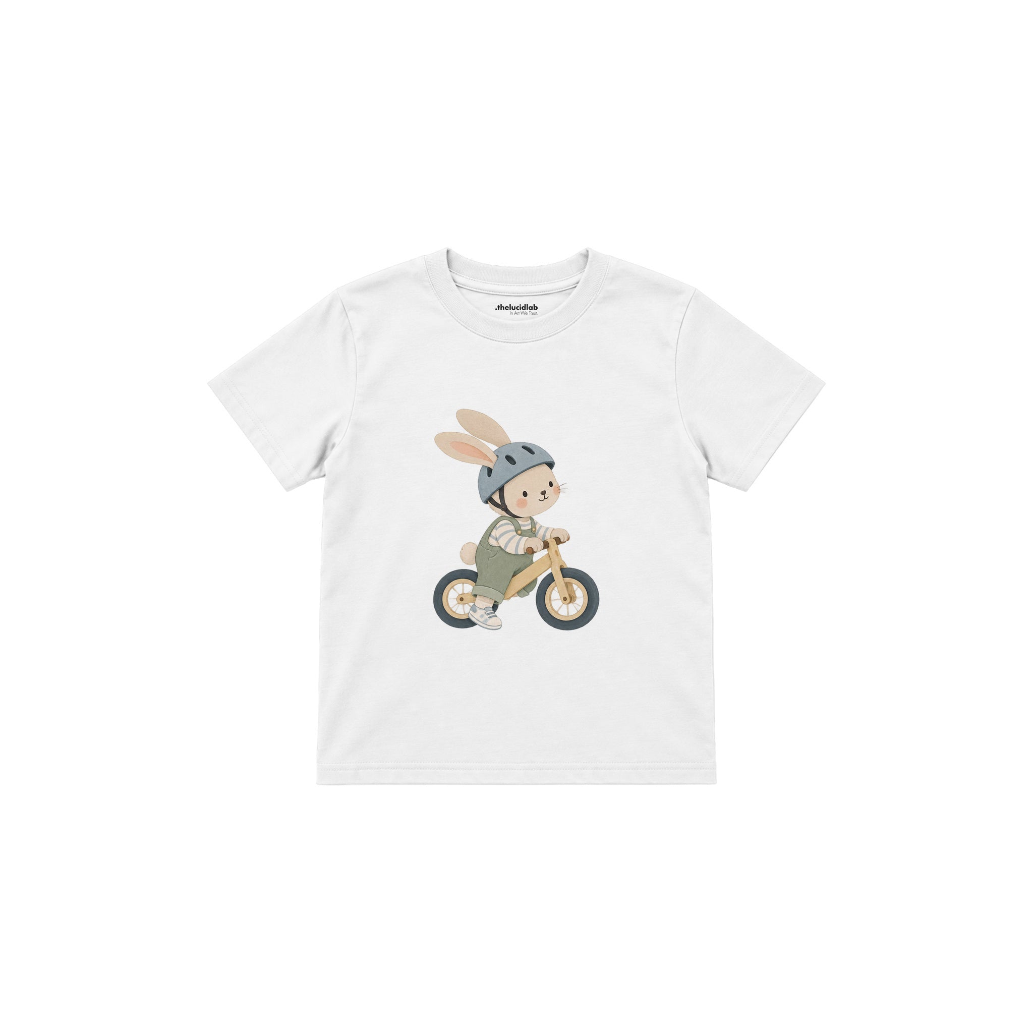 Rabbit riding a balance bike Çocuk Tişört — Beyaz — ön görünüm