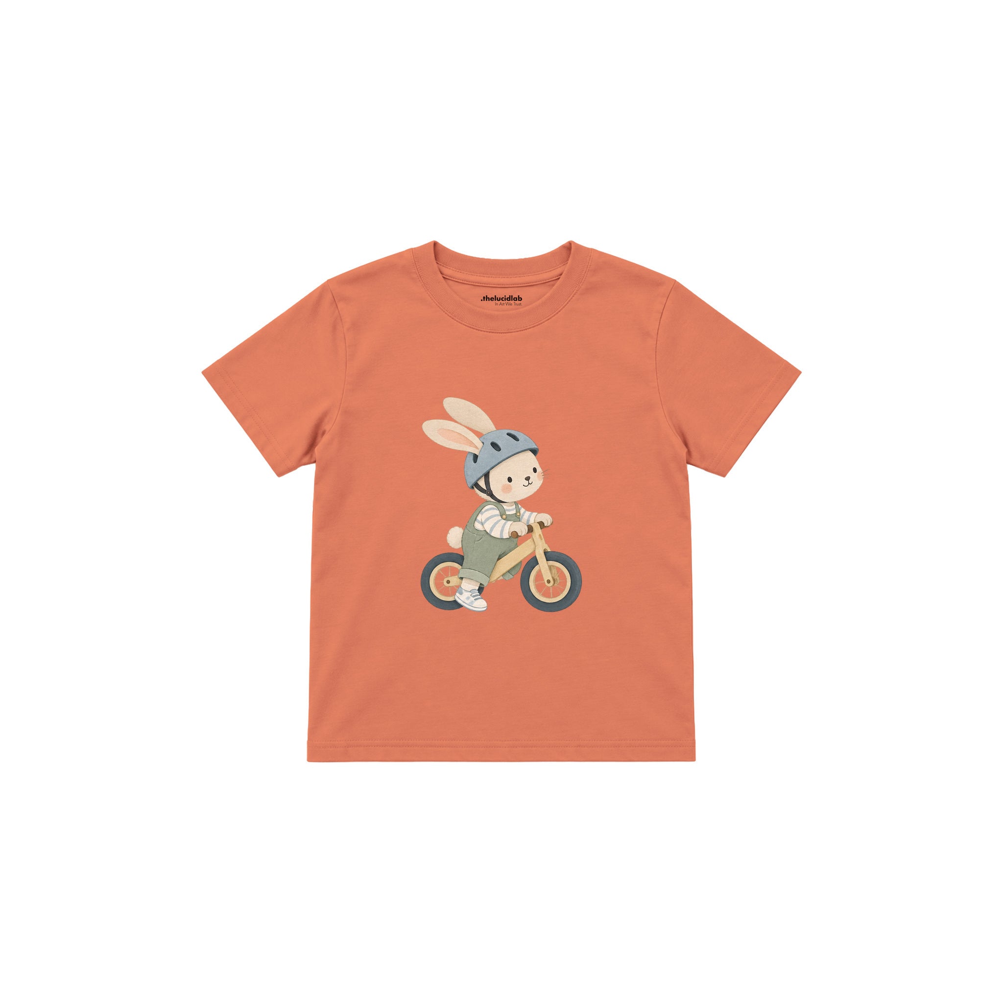Rabbit riding a balance bike Çocuk Tişört — Somon — ön görünüm