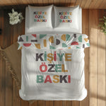 Kişiye özel çift kişilik nevresim – yazılı nevresim, yazılı yastıklar – üstten görünüm