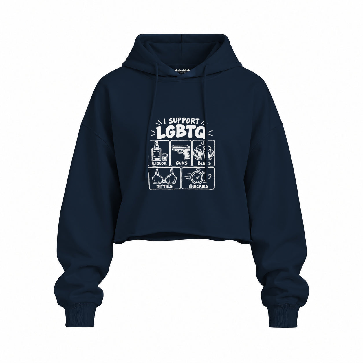 I Support LGBTQ Oversize Crop Hoodie – Lacivert – ön görünüm