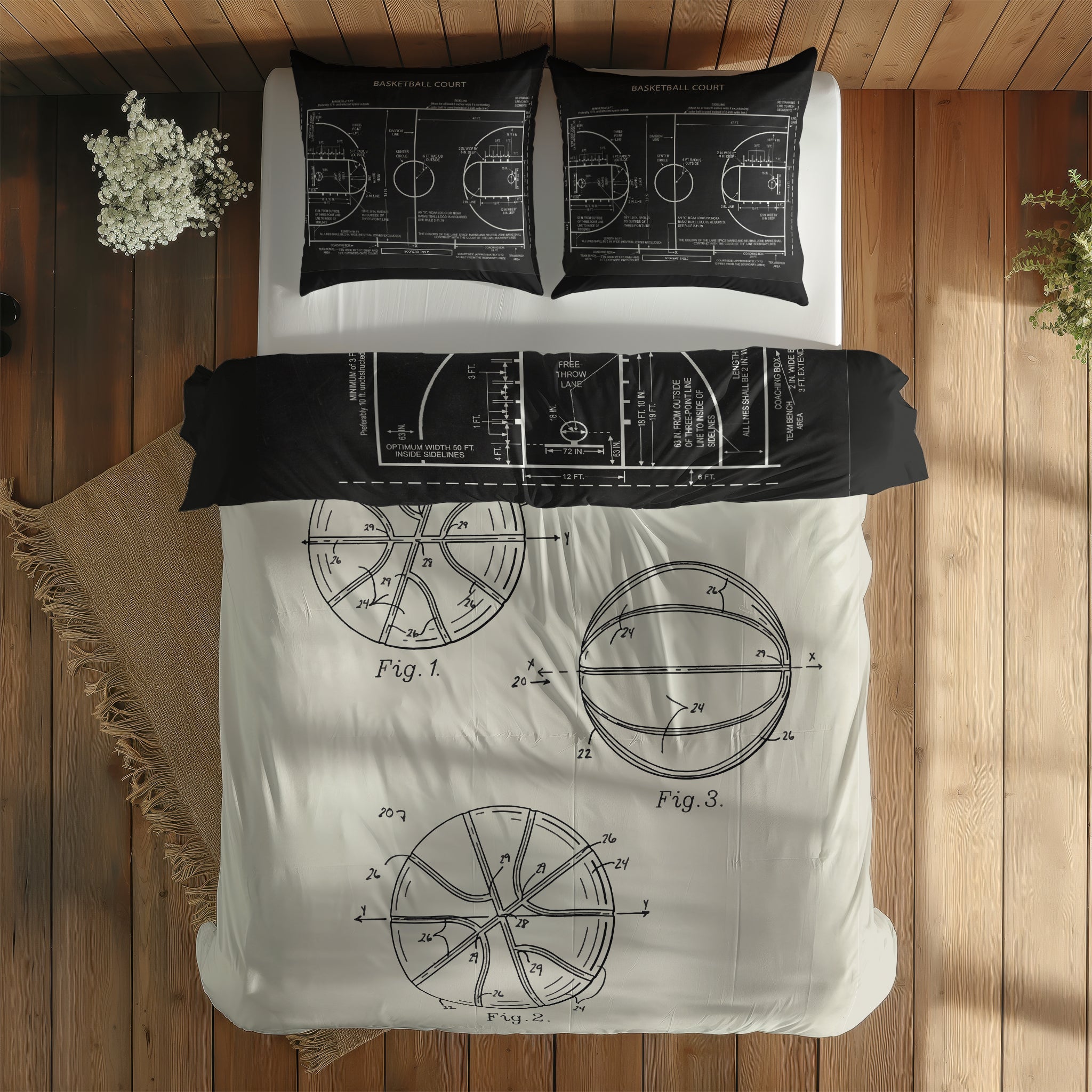 Basketball Court Chalkboard & Basketball Ivory Çift Taraflı Nevresim Takımı; çift kişilik BA-02 native görünüm