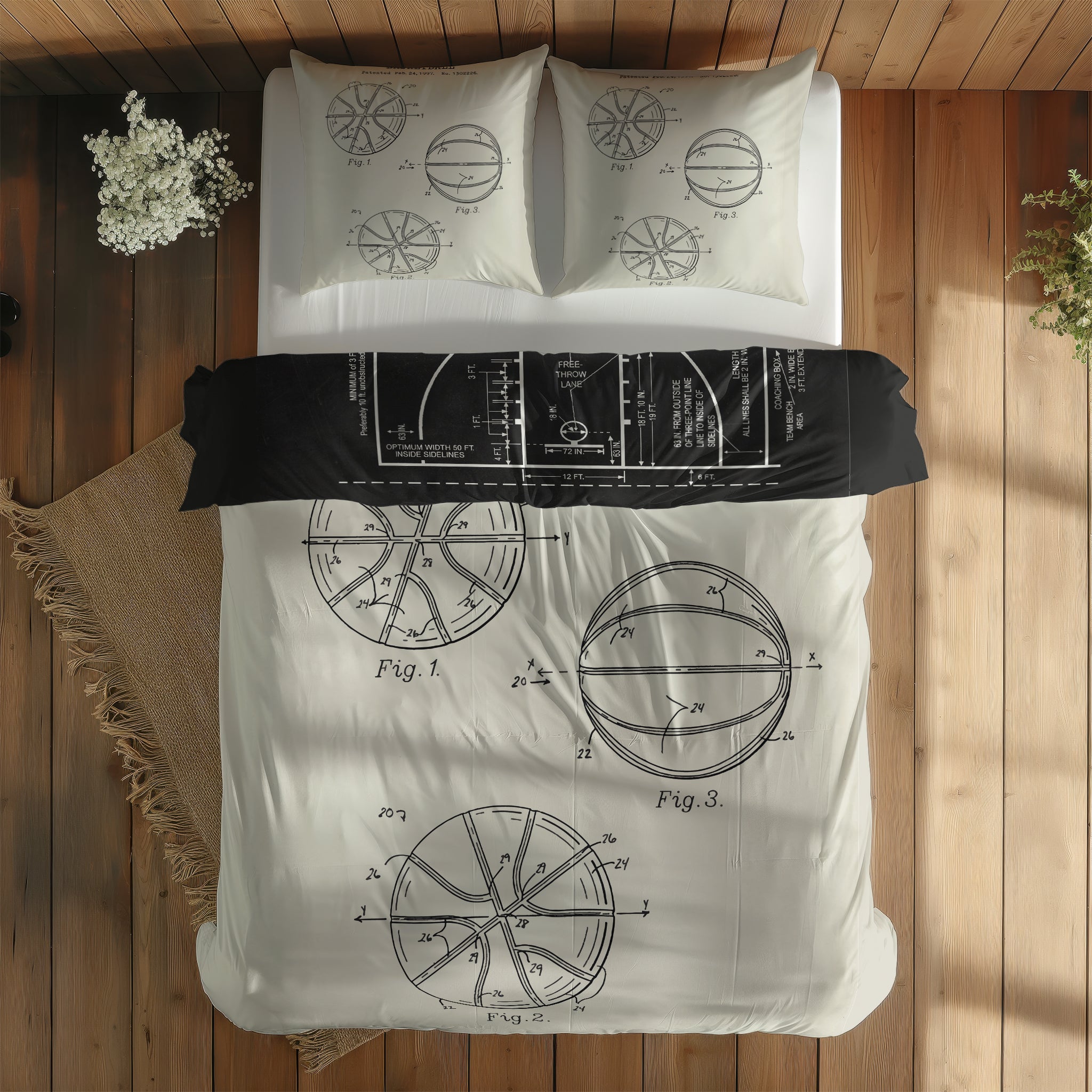 Basketball Court Chalkboard & Basketball Ivory Çift Taraflı Nevresim Takımı; çift kişilik BB-02 native görünüm