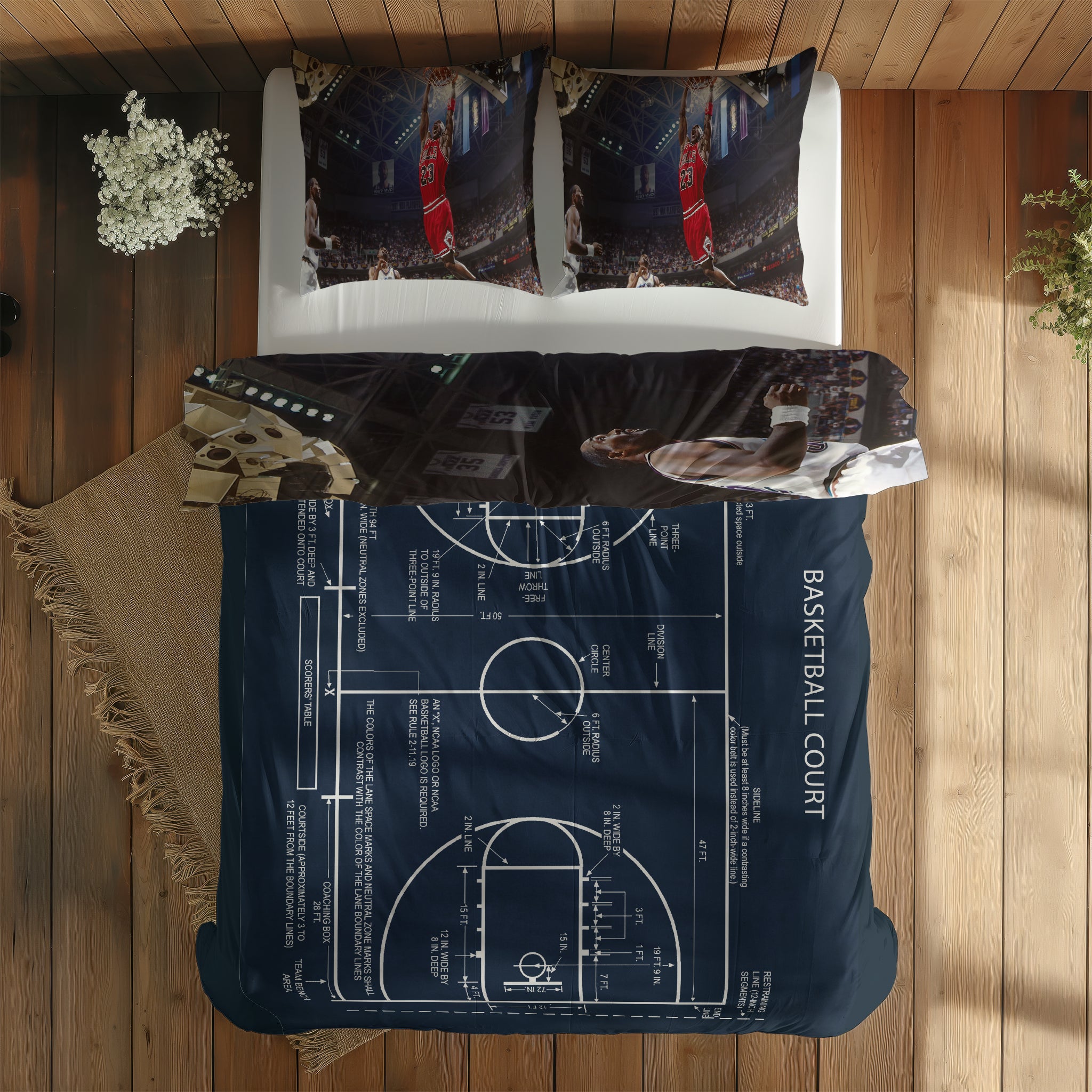 Michael Jordan Chicago Bulls 1997 & Basketball Court Navy Blue Çift Taraflı Nevresim Takımı; çift kişilik BA-02 native görünüm