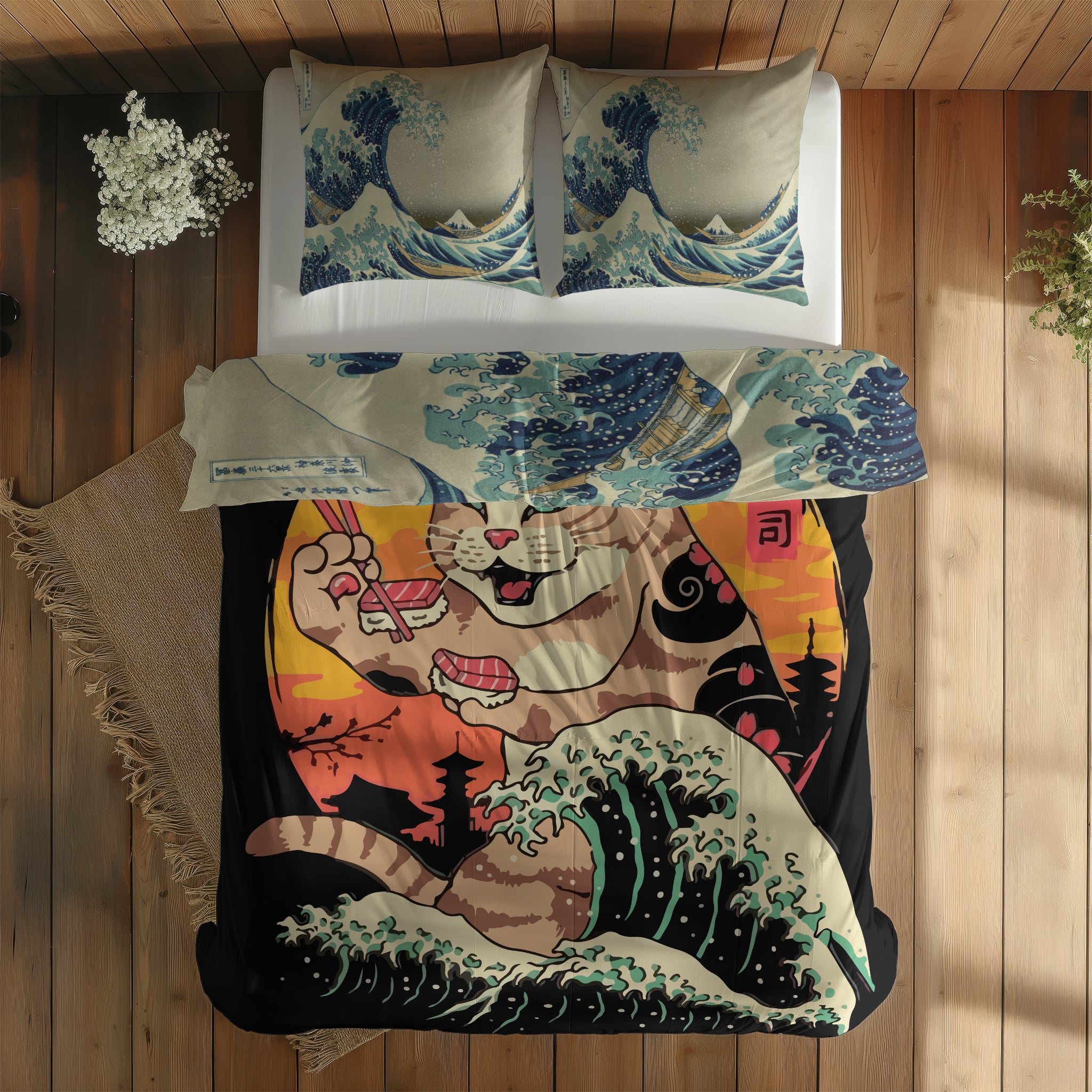 Kanagawa Cat & Kanagawa Oki Nami Ura Çift Taraflı Nevresim Takımı; çift kişilik AB-02 native görünüm