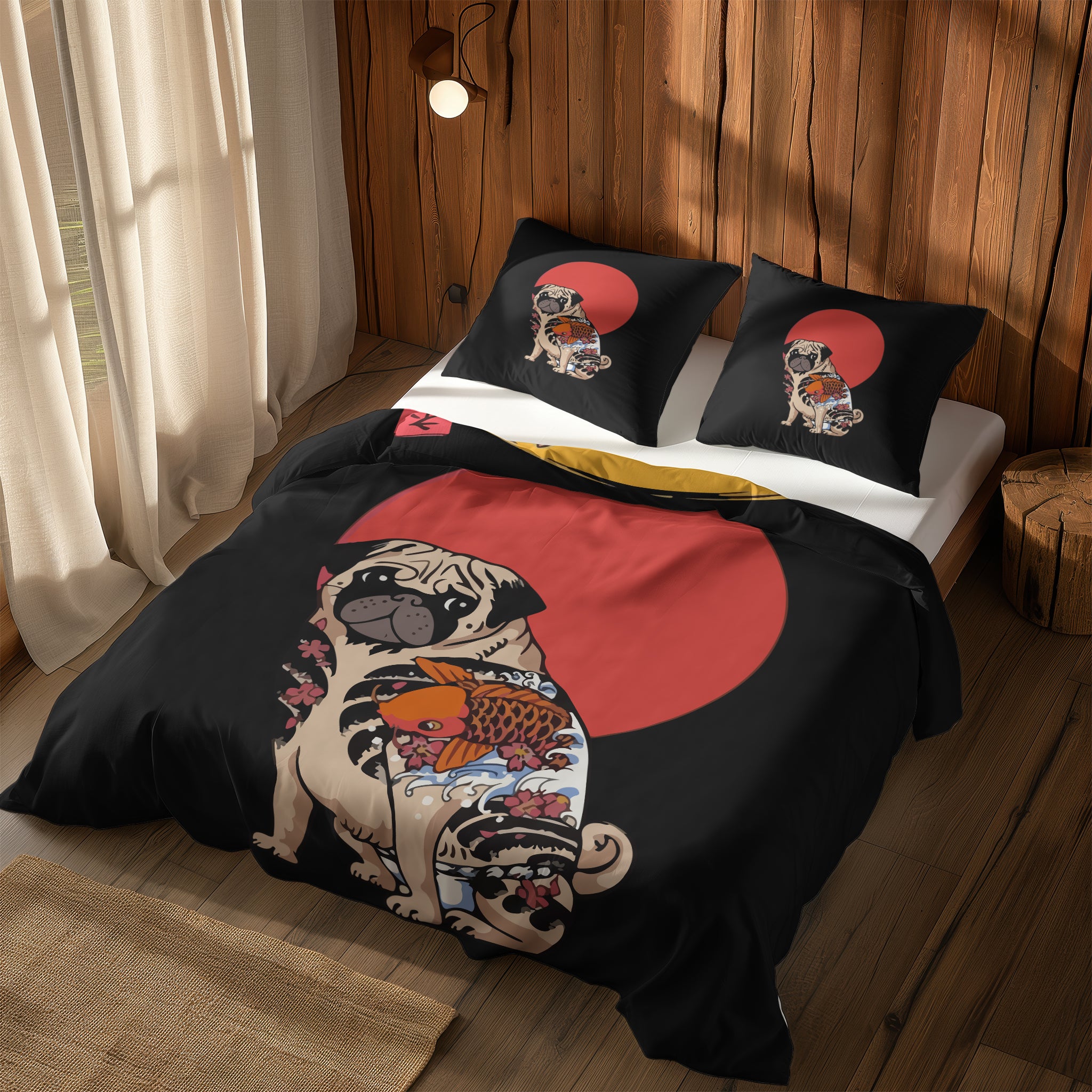 The Pug & Kanagawa Cat Çift Taraflı Nevresim Takımı; çift kişilik AA-01 native görünüm