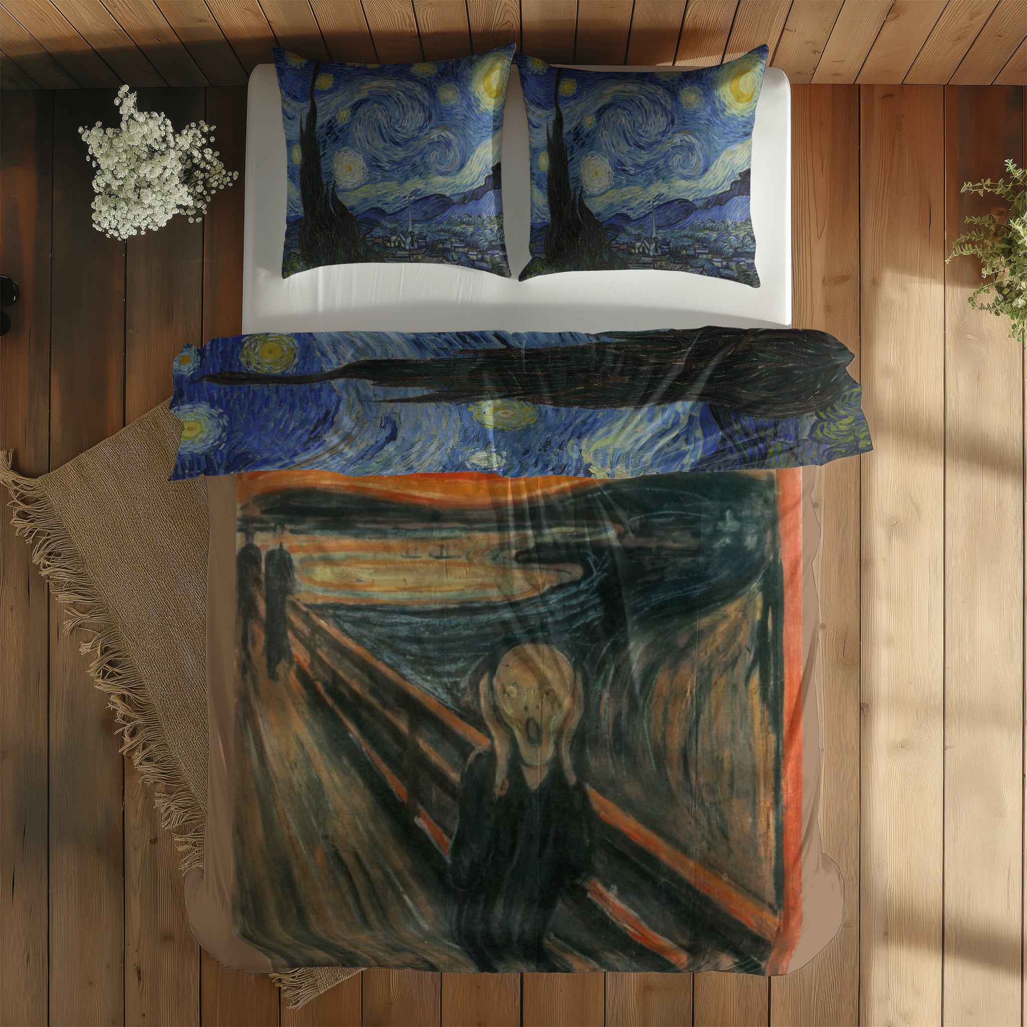 The Starry Night & The Scream Çift Taraflı Nevresim Takımı; çift kişilik BA-02 native görünüm