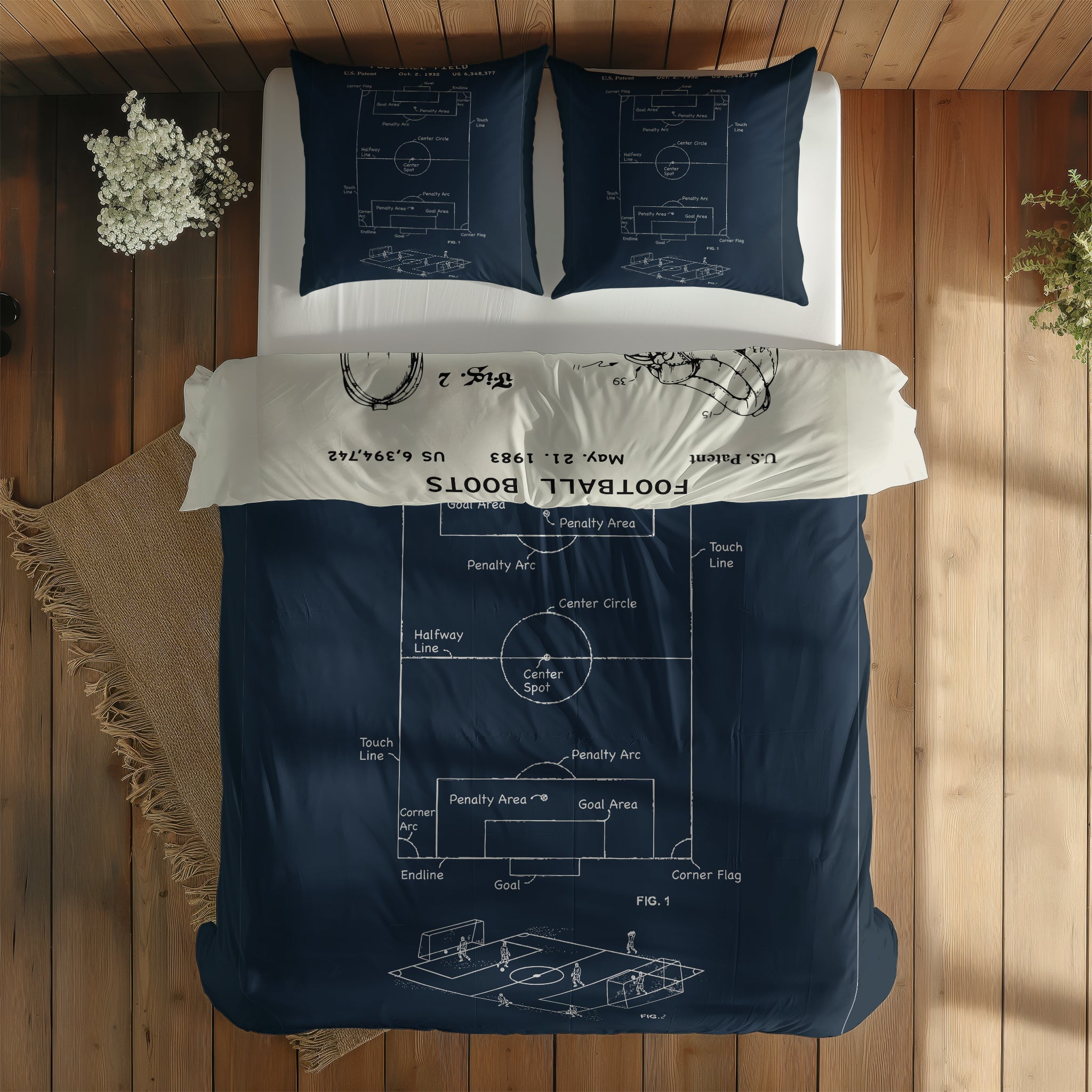 Football Field Navyblue & Football Boots Ivory Çift Taraflı Nevresim Takımı; çift kişilik AA-02 native görünüm