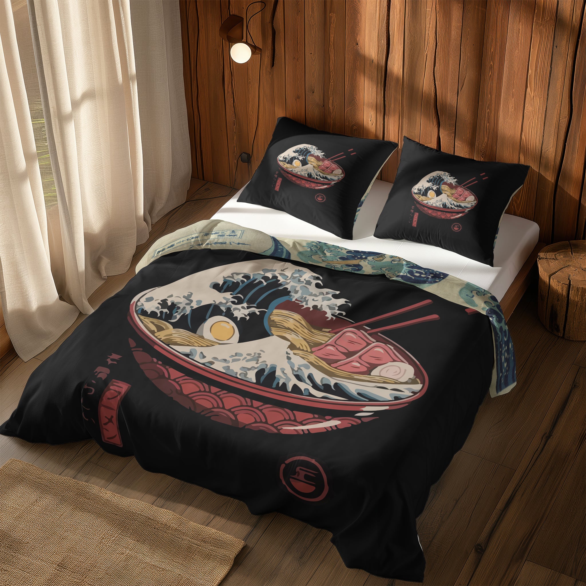 Great Wave Ramen Bowl & Kanagawa Oki Nami Ura Çift Taraflı Nevresim Takımı; çift kişilik AA-01 native görünüm
