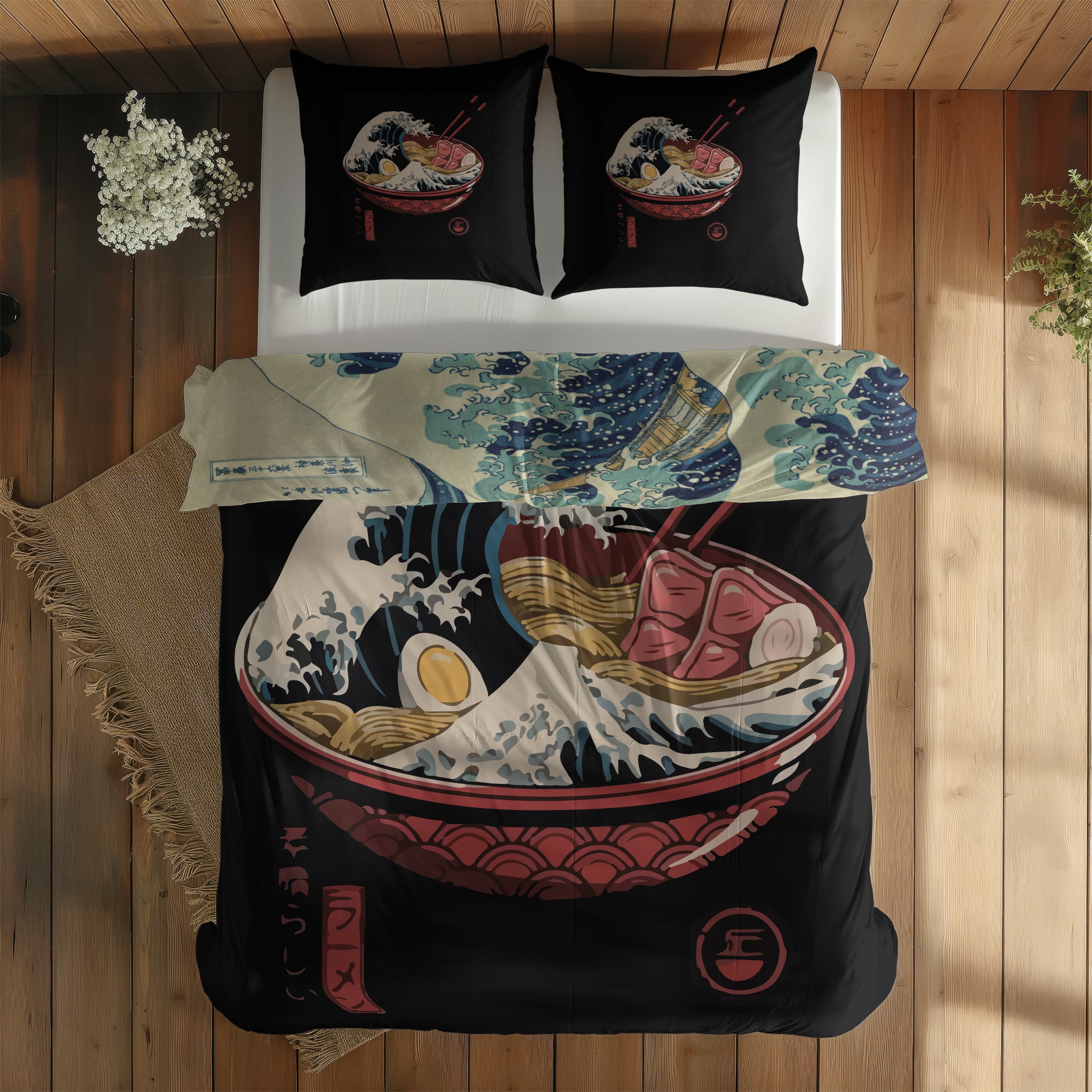 Great Wave Ramen Bowl & Kanagawa Oki Nami Ura Çift Taraflı Nevresim Takımı; çift kişilik AA-02 native görünüm