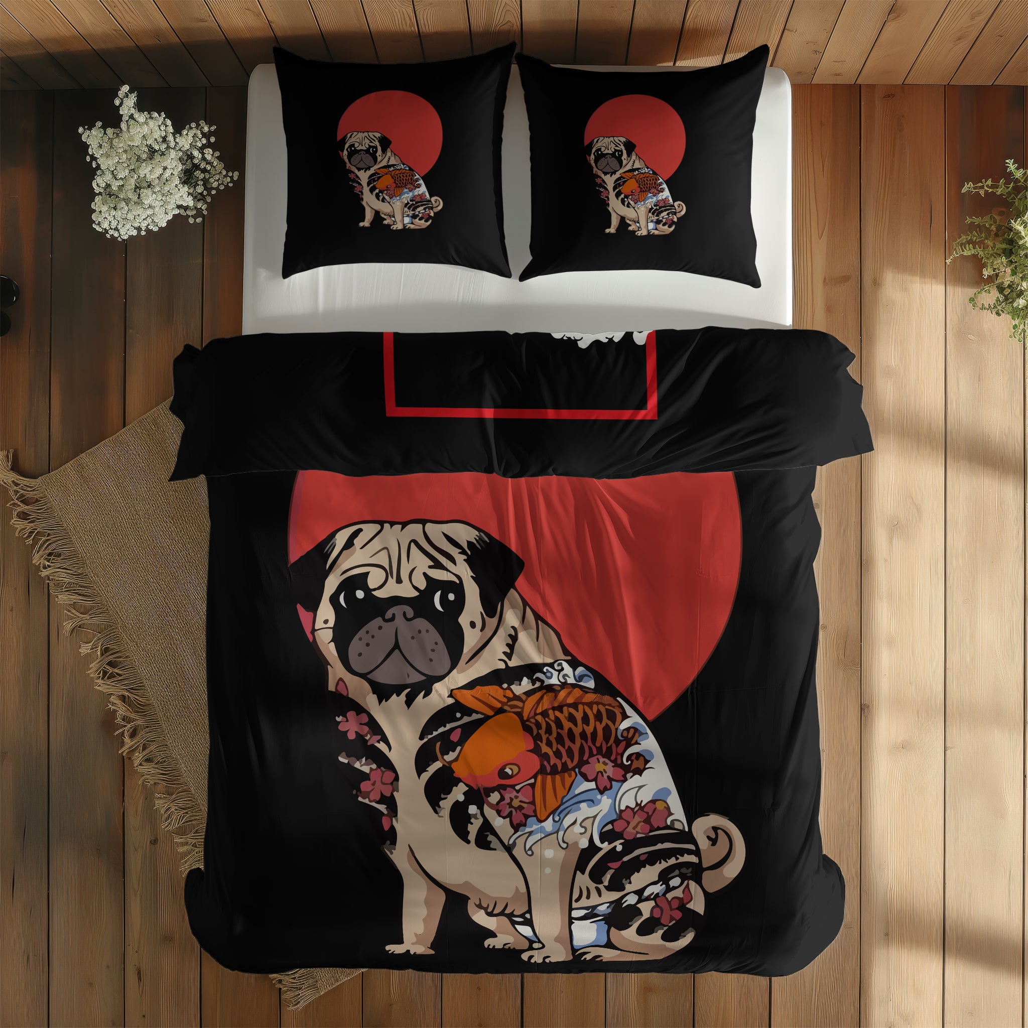 The Pug & Perspektif Kanagawa Çift Taraflı Nevresim Takımı; çift kişilik AA-02 native görünüm