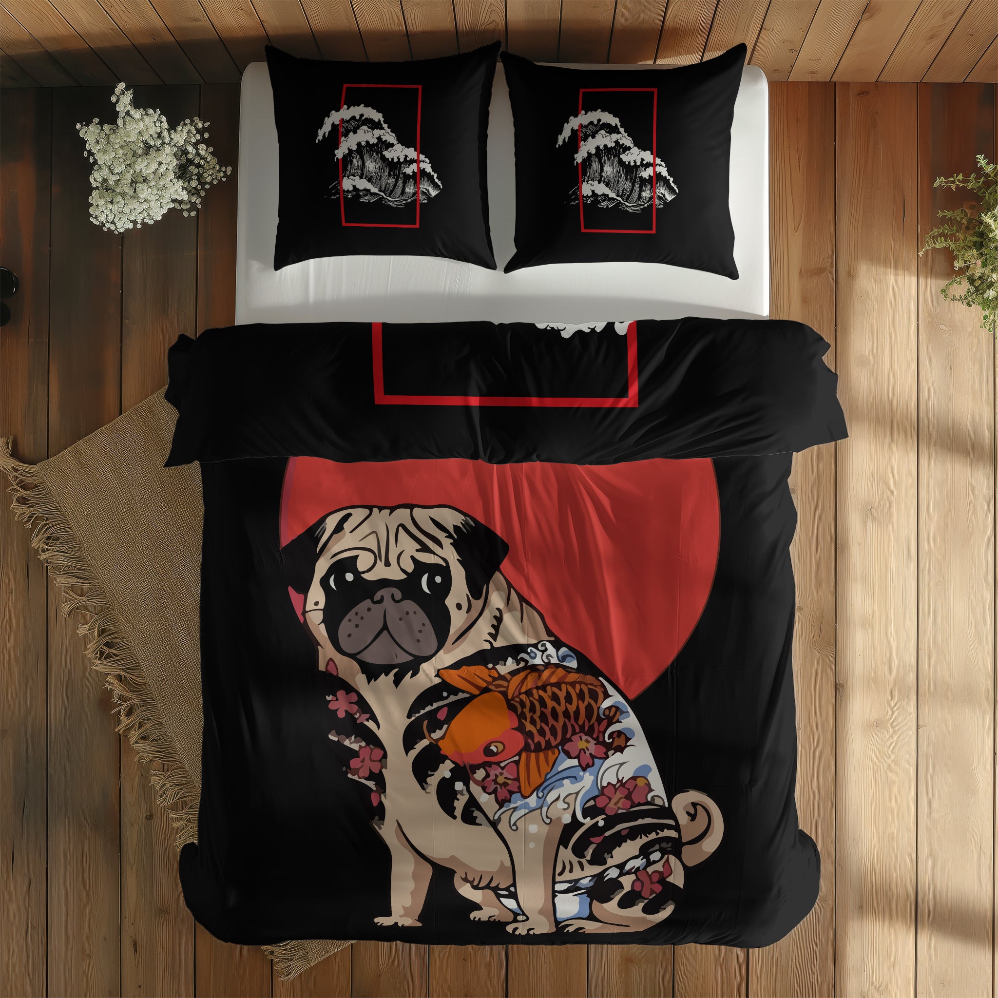 The Pug & Perspektif Kanagawa Çift Taraflı Nevresim Takımı; çift kişilik AB-02 native görünüm