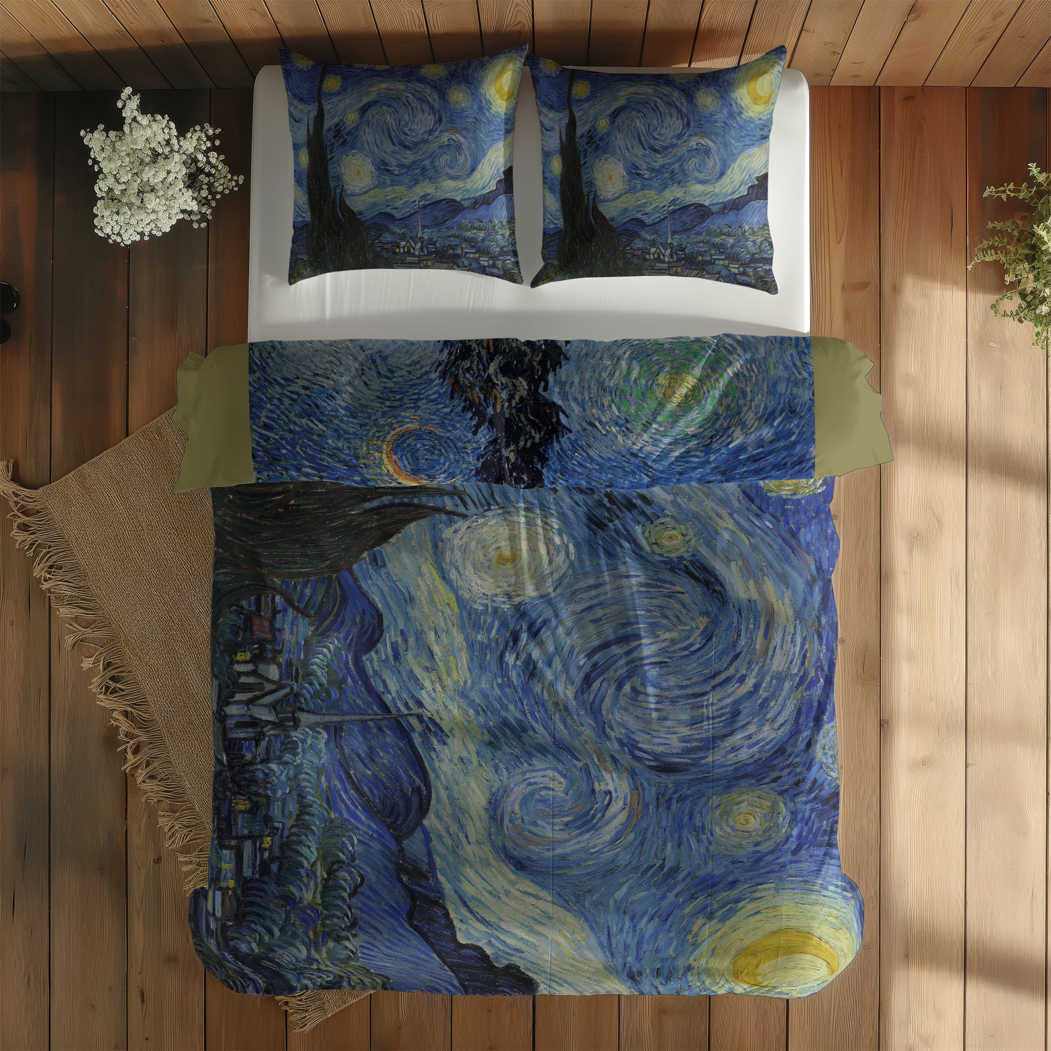Road with Cypress and Star & The Starry Night Çift Taraflı Nevresim Takımı; çift kişilik BB-02 native görünüm