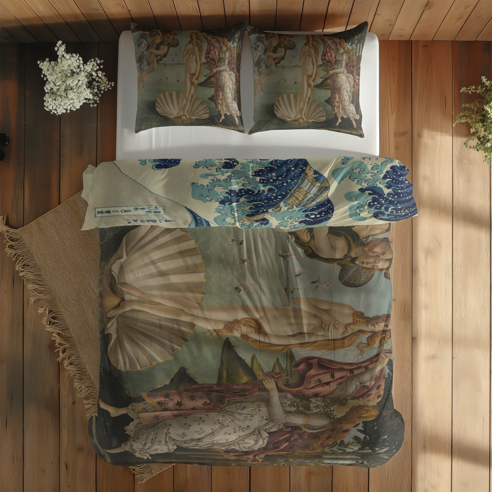 The Birth of Venus & The Great Wave of Kanagawa Çift Taraflı Nevresim Takımı; çift kişilik AA-02 native görünüm
