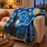 The Starry Night - Yıldızlı Gece Polar Tv Battaniyesi — kenar dikişi ve ince doku yakın çekimi