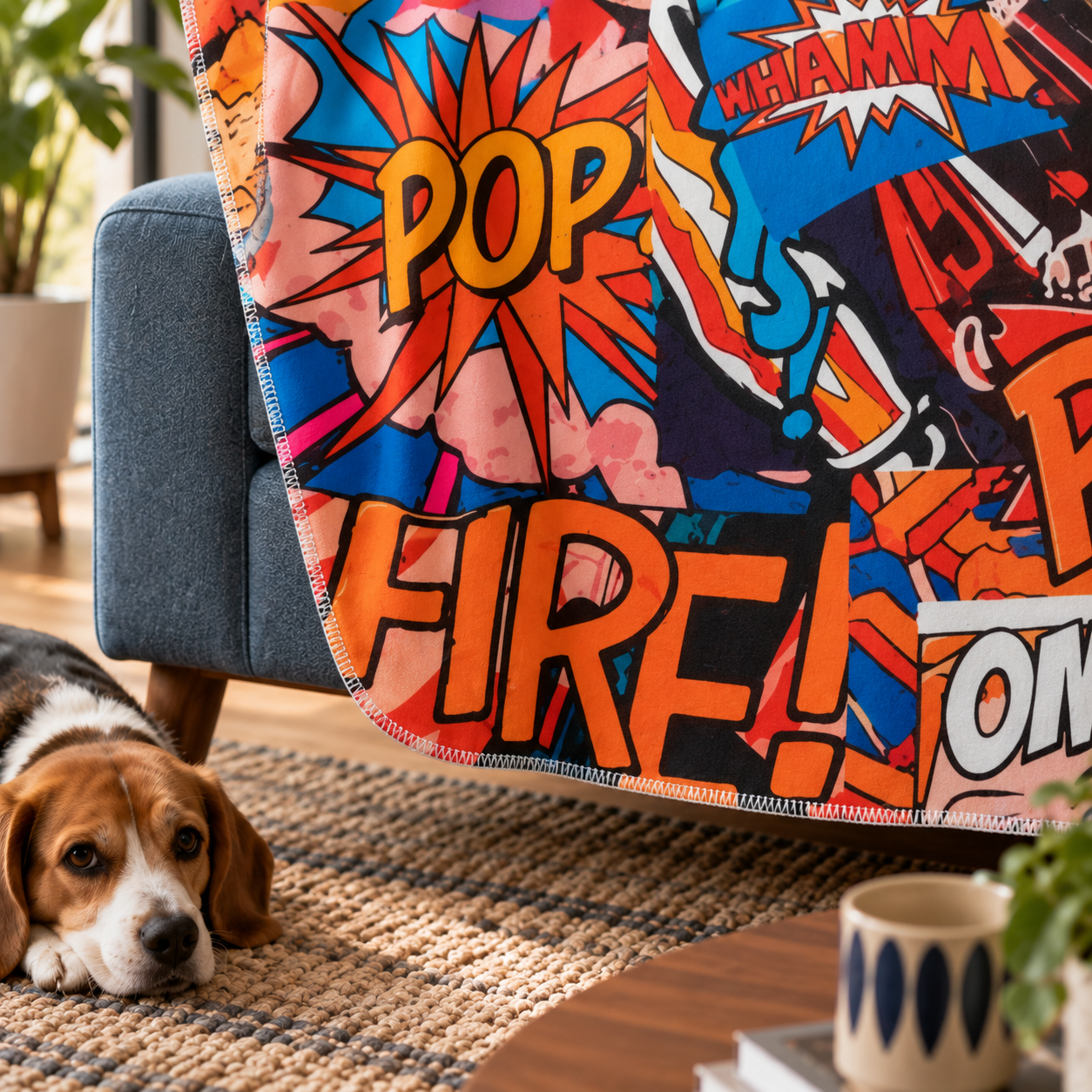 Pop Art - Çizgi Romanlı Polar Tv Battaniyesi — kenar dikişi ve ince doku yakın çekimi