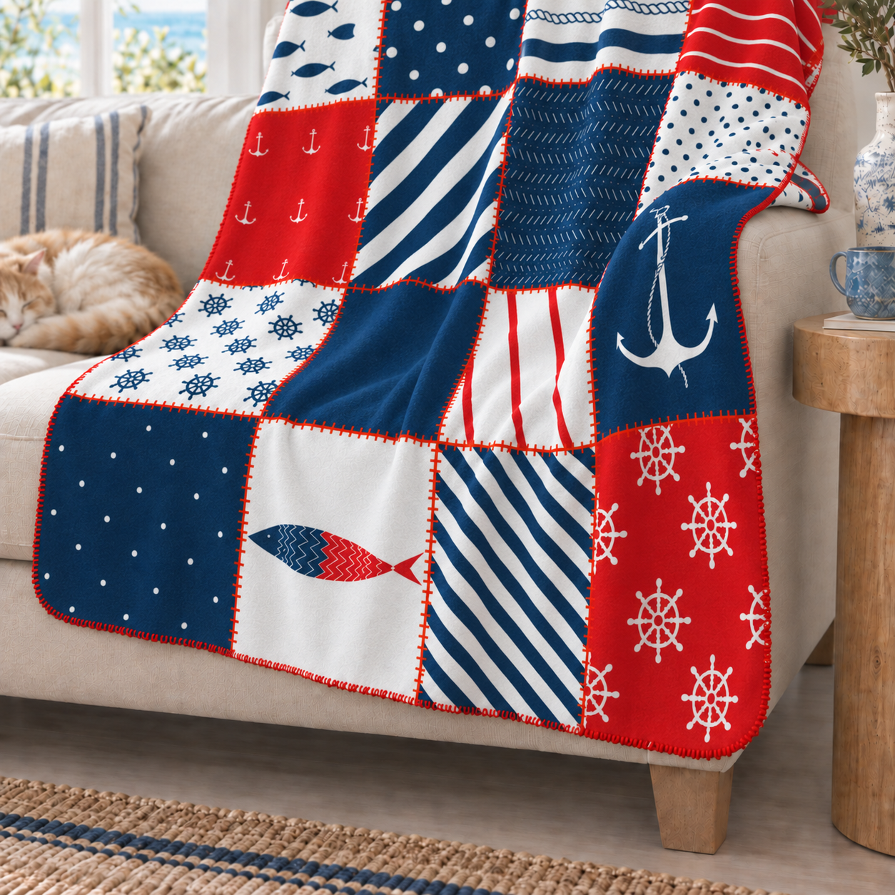 Marine Patchwork Polar Tv Battaniyesi — kenar dikişi ve ince doku yakın çekimi