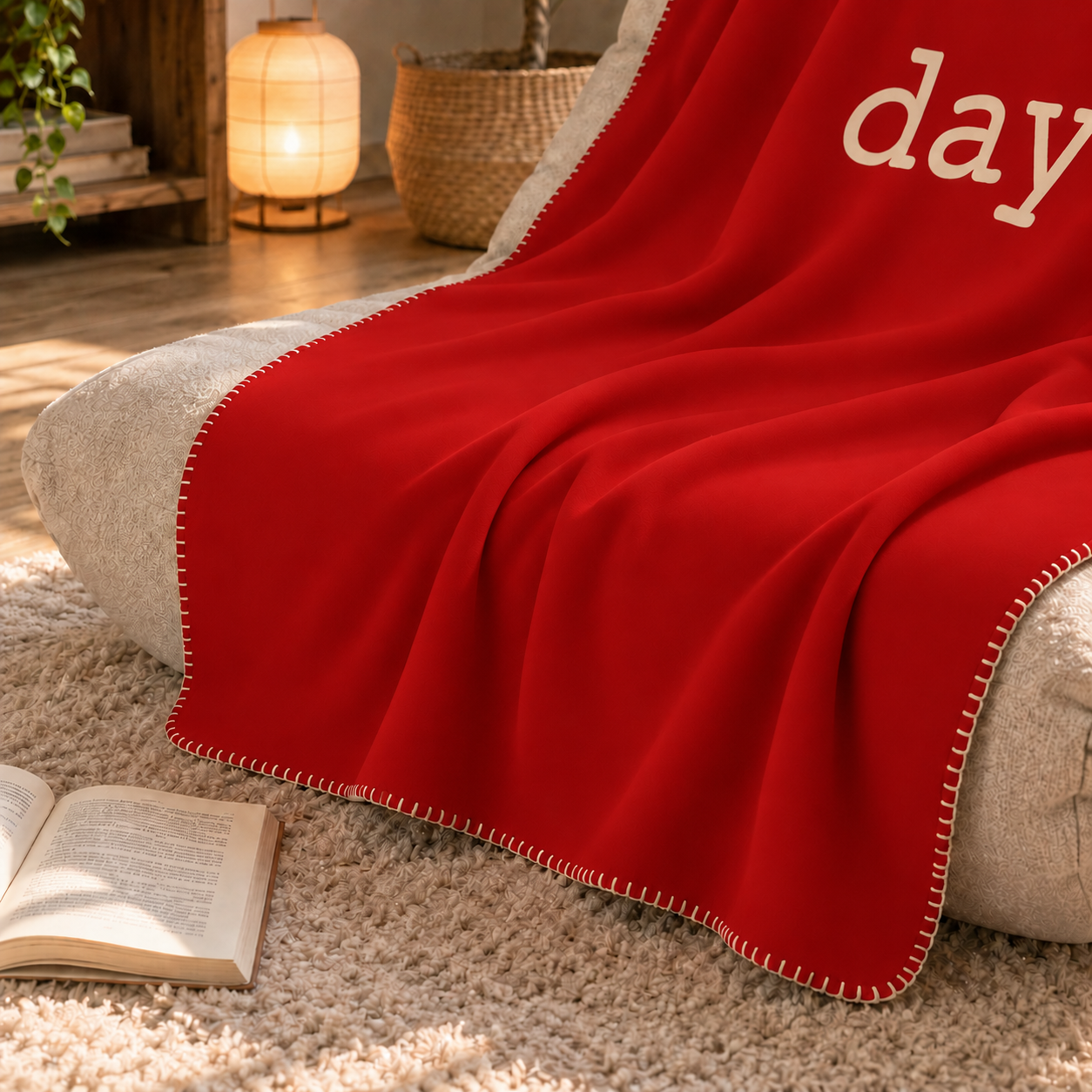 Just Me Day Burgundy Polar Tv Battaniyesi — kenar dikişi ve ince doku yakın çekimi