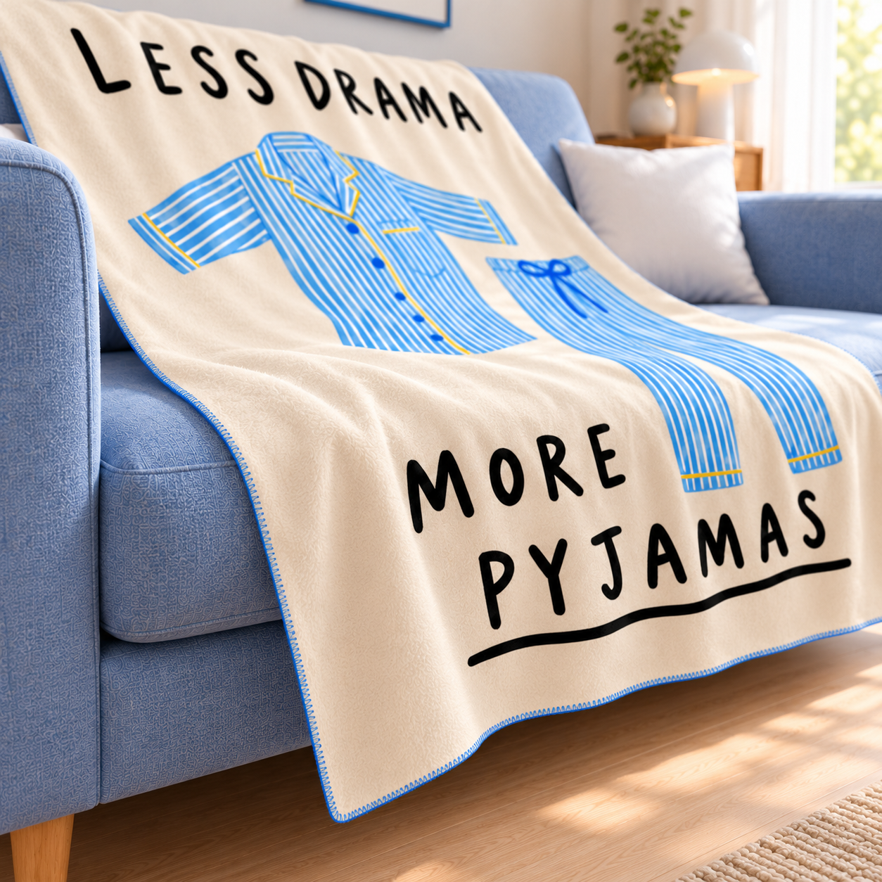 Less Drama More Pyjamas Polar TV Battaniyesi — yandan kenar ve ince dikiş detayı