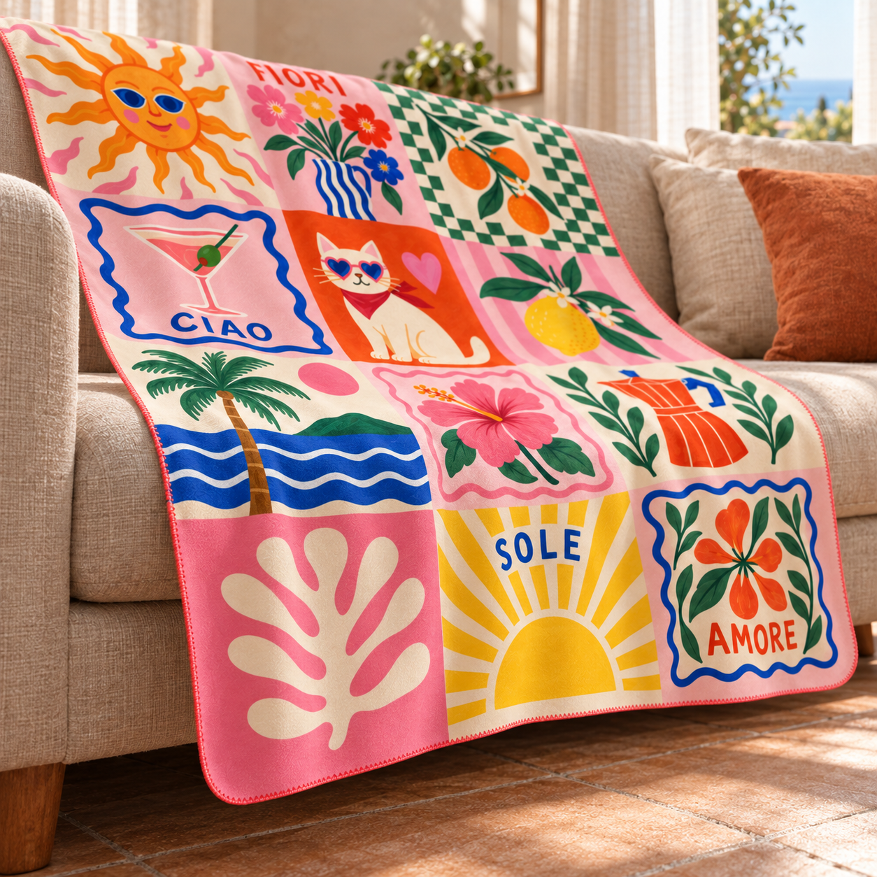 Sunny Postcards Polar TV Battaniyesi — yandan kenar ve ince dikiş detayı