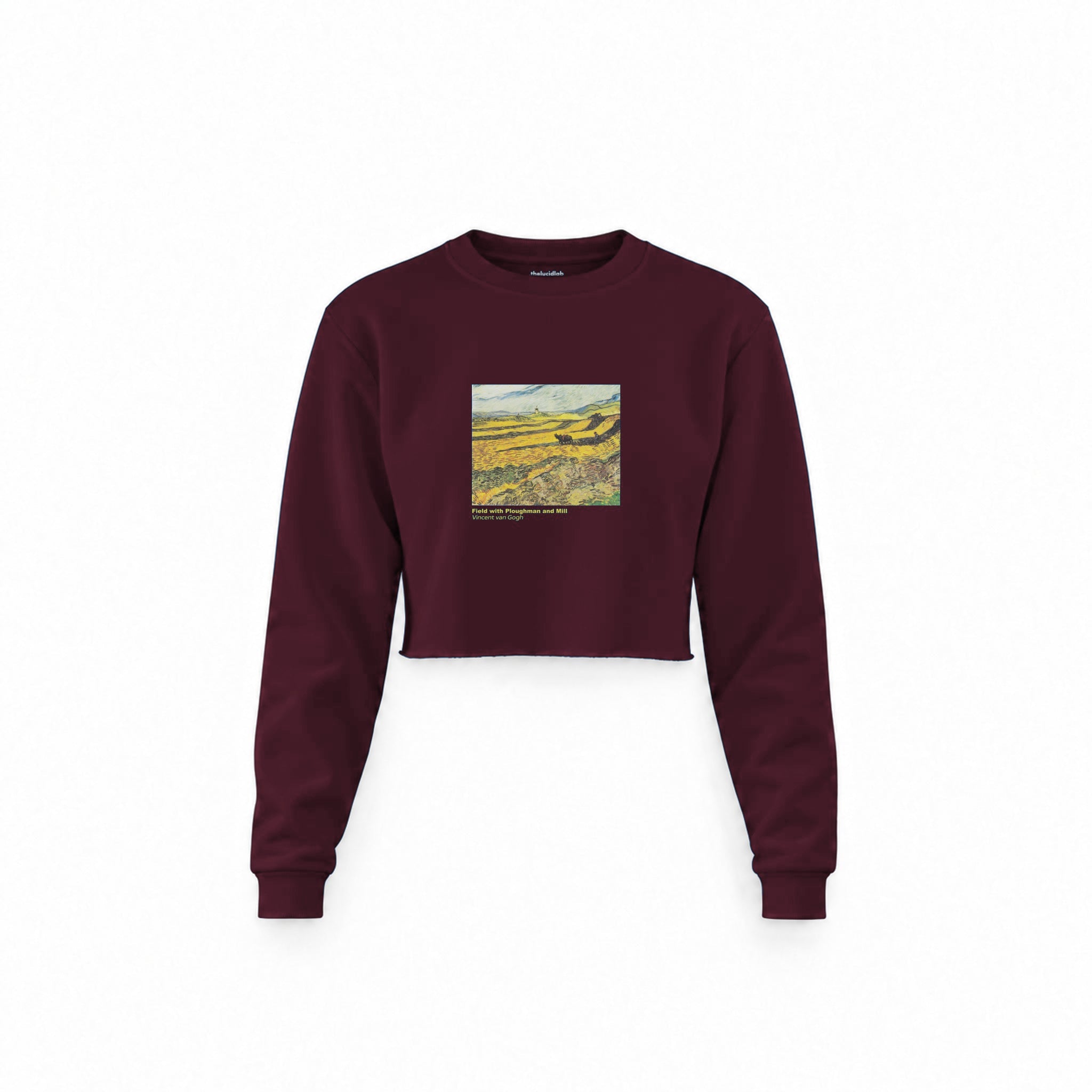 Field with Ploughman and Mill Crop Sweatshirt — Bordo — Görsel 1