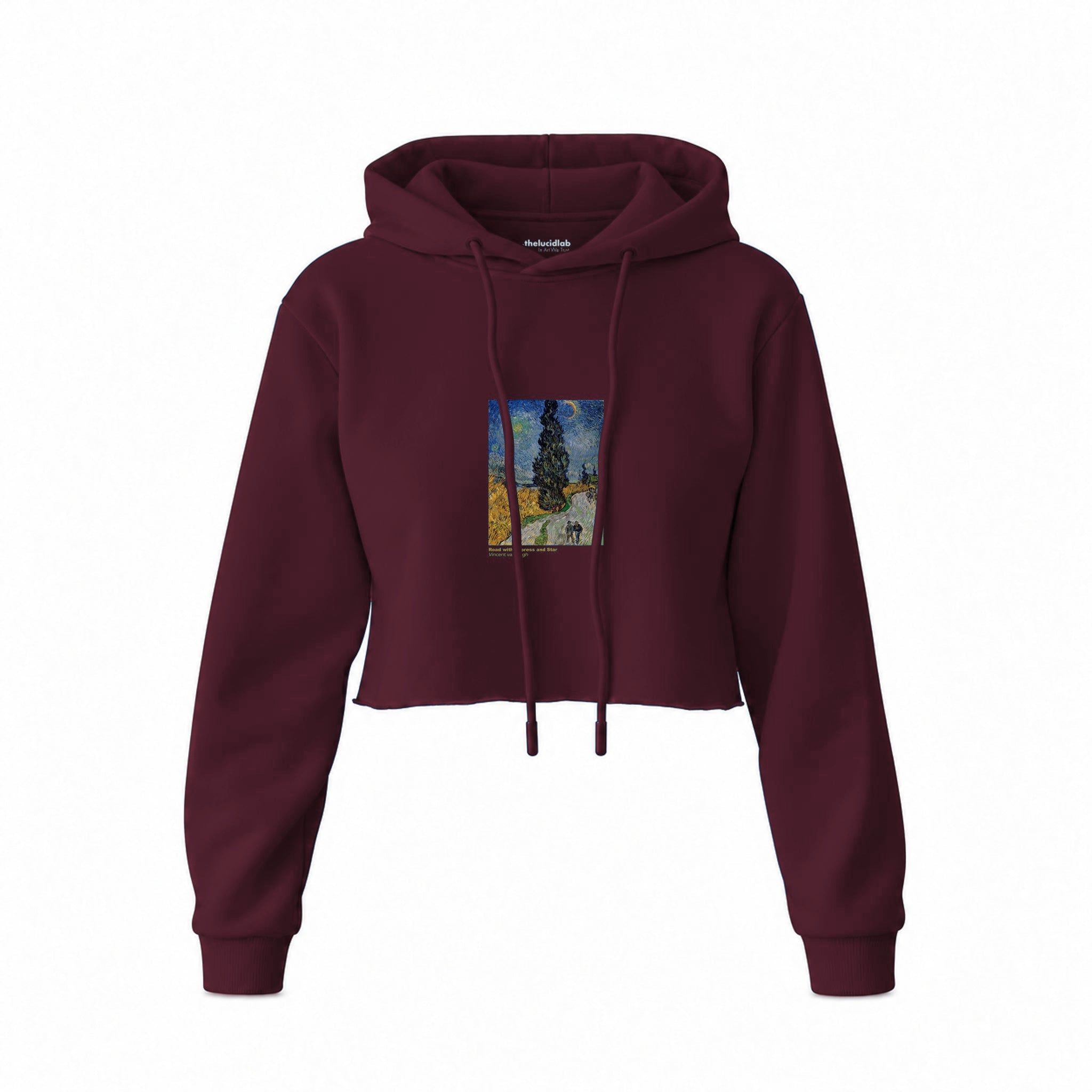 Road with Cypress and Star Crop Hoodie — Bordo — Görsel 1