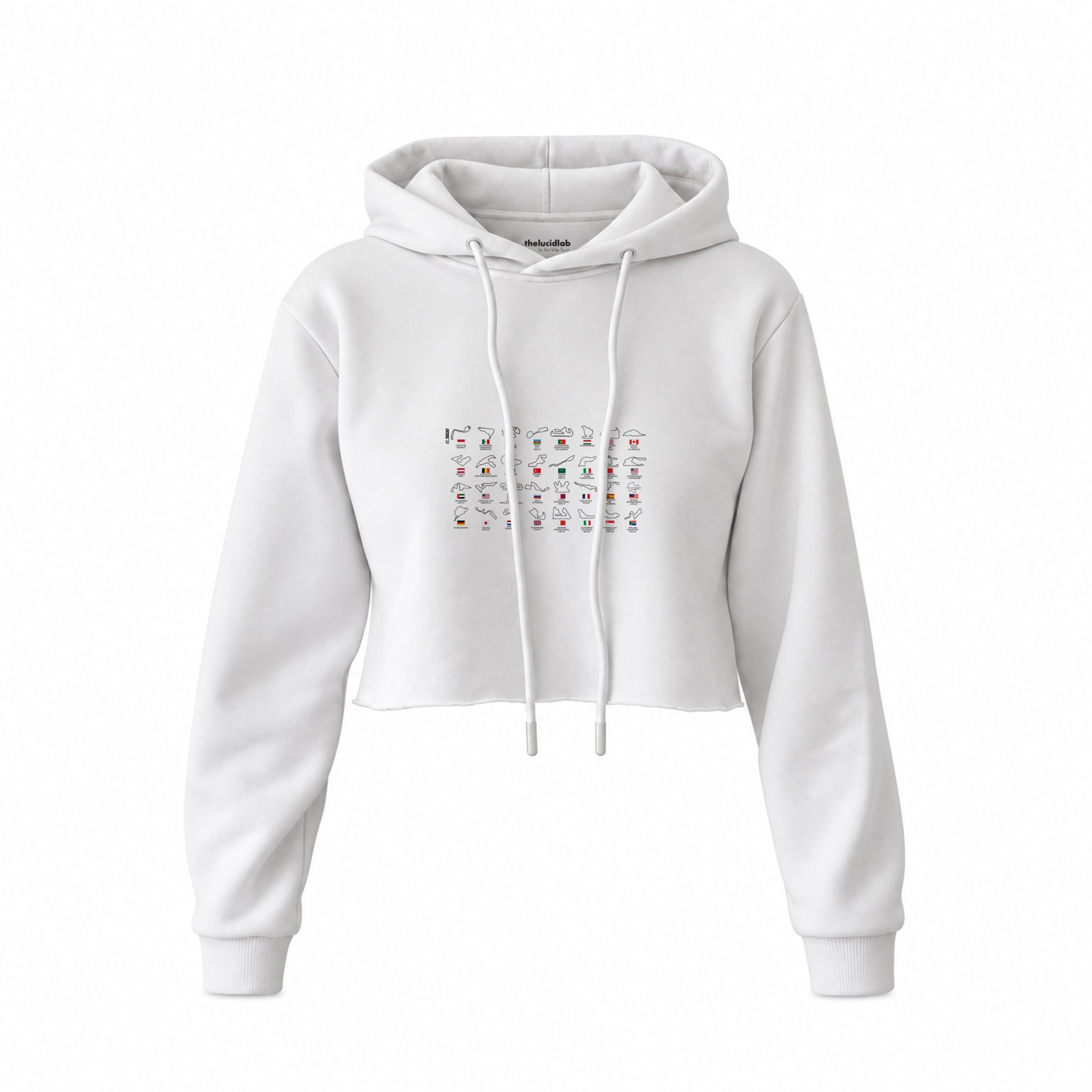All Tracks / Formula 1 Pistleri Crop Hoodie — Beyaz — Ön baskı