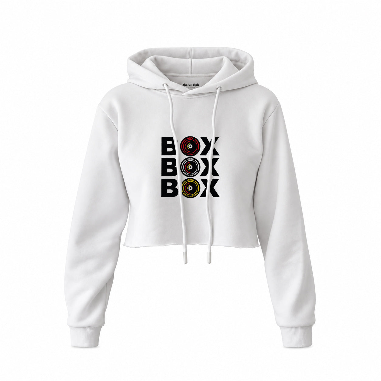 Box Box Box Crop Hoodie — Beyaz — Ön baskı