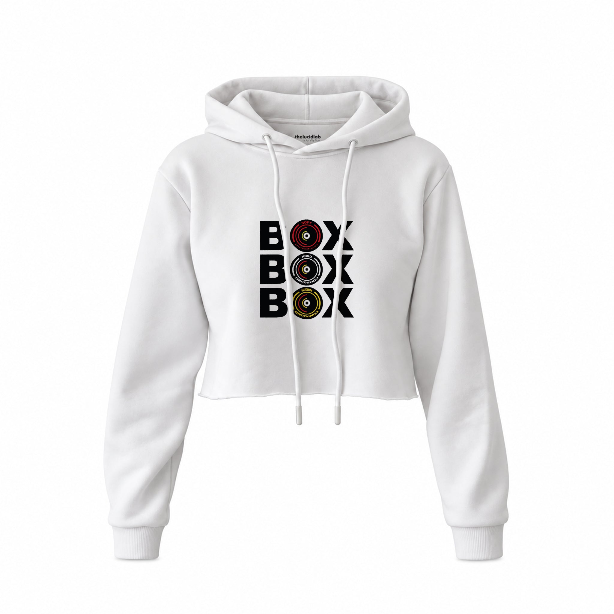 Box Box Box Crop Hoodie — Beyaz — Ön baskı