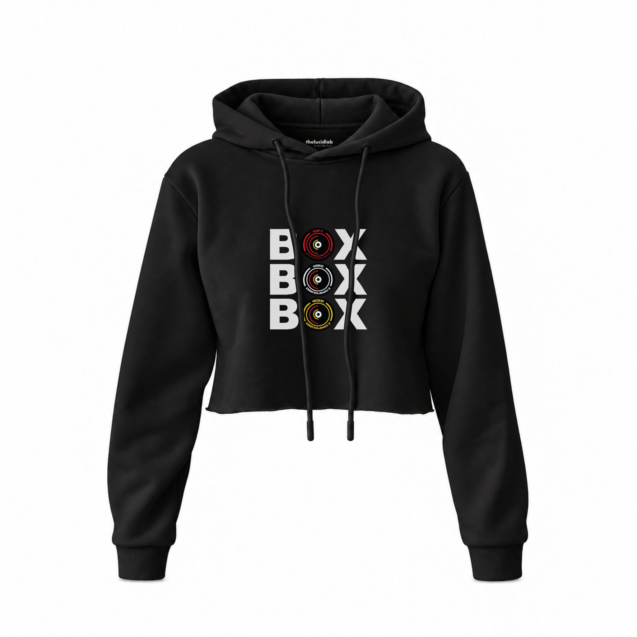 Box Box Box Crop Hoodie — Siyah — Ön baskı