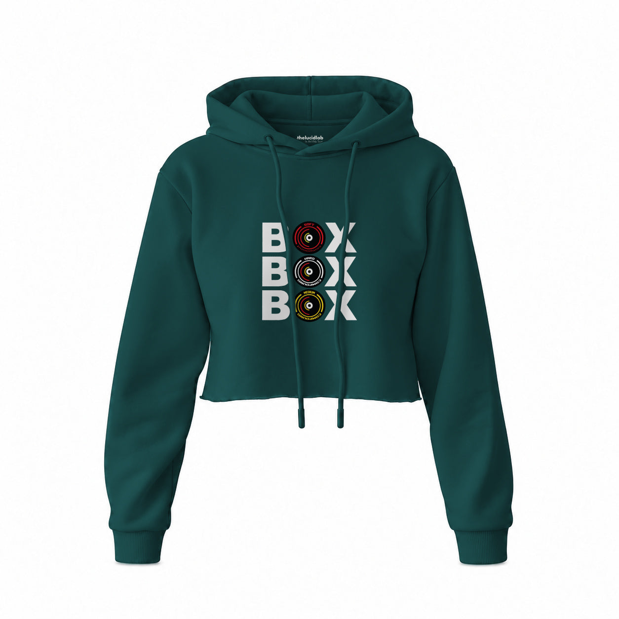 Box Box Box Crop Hoodie — Koyu Yeşil — Ön baskı