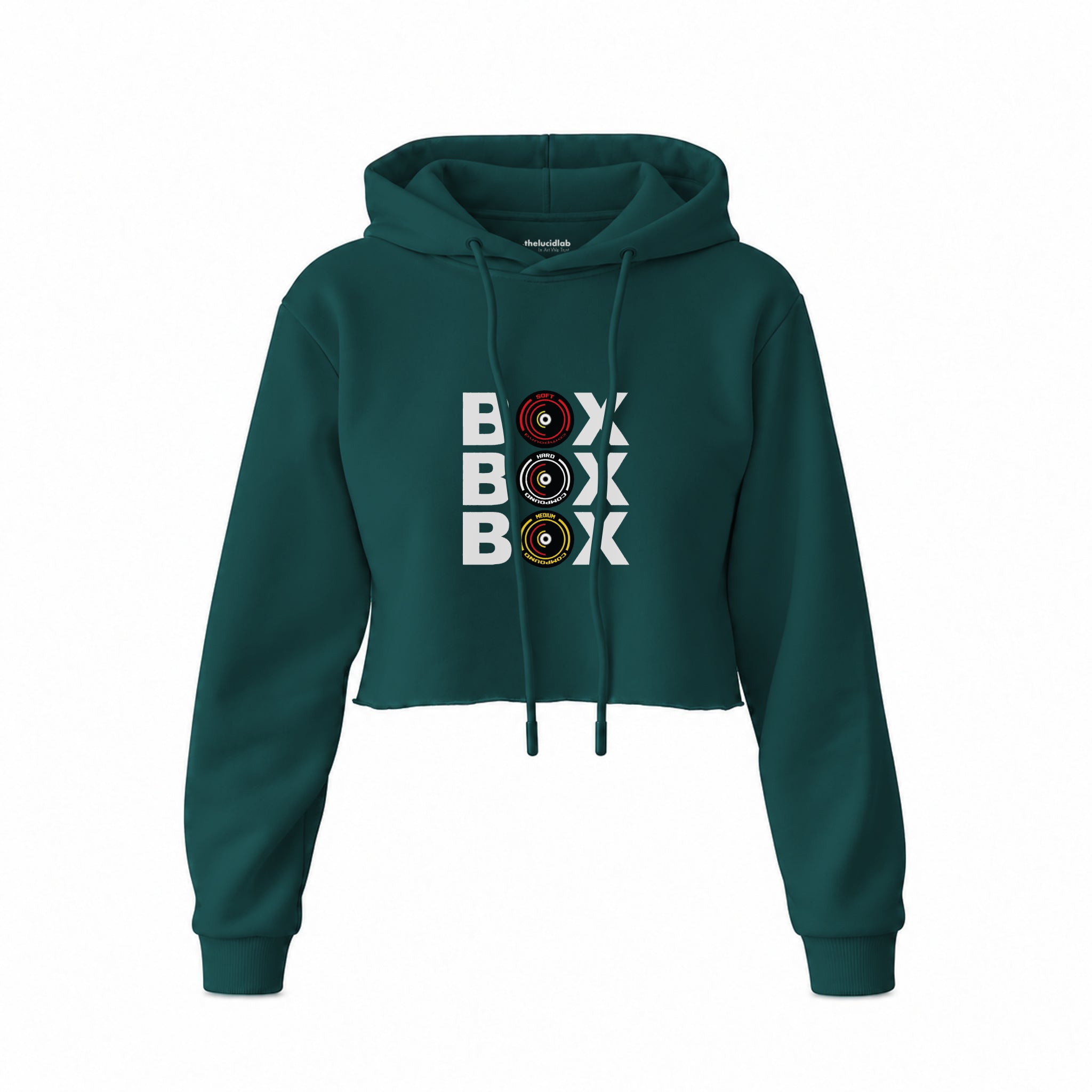 Box Box Box Crop Hoodie — Koyu Yeşil — Ön baskı