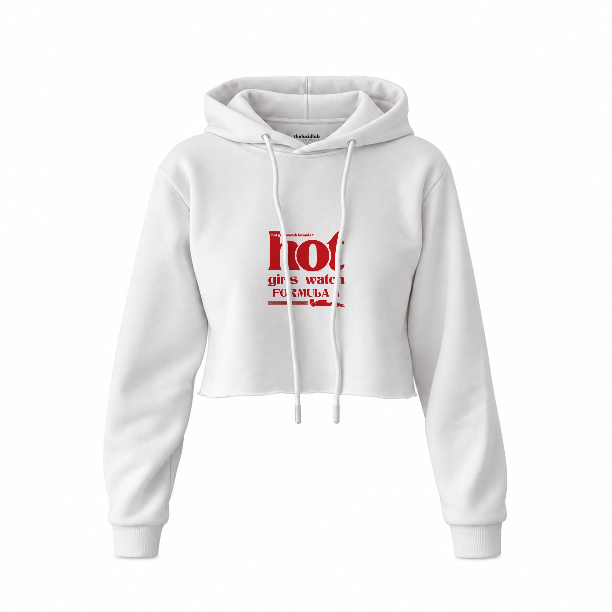 Hot Girls Watch Formula 1 Crop Hoodie — Beyaz — Ön baskı