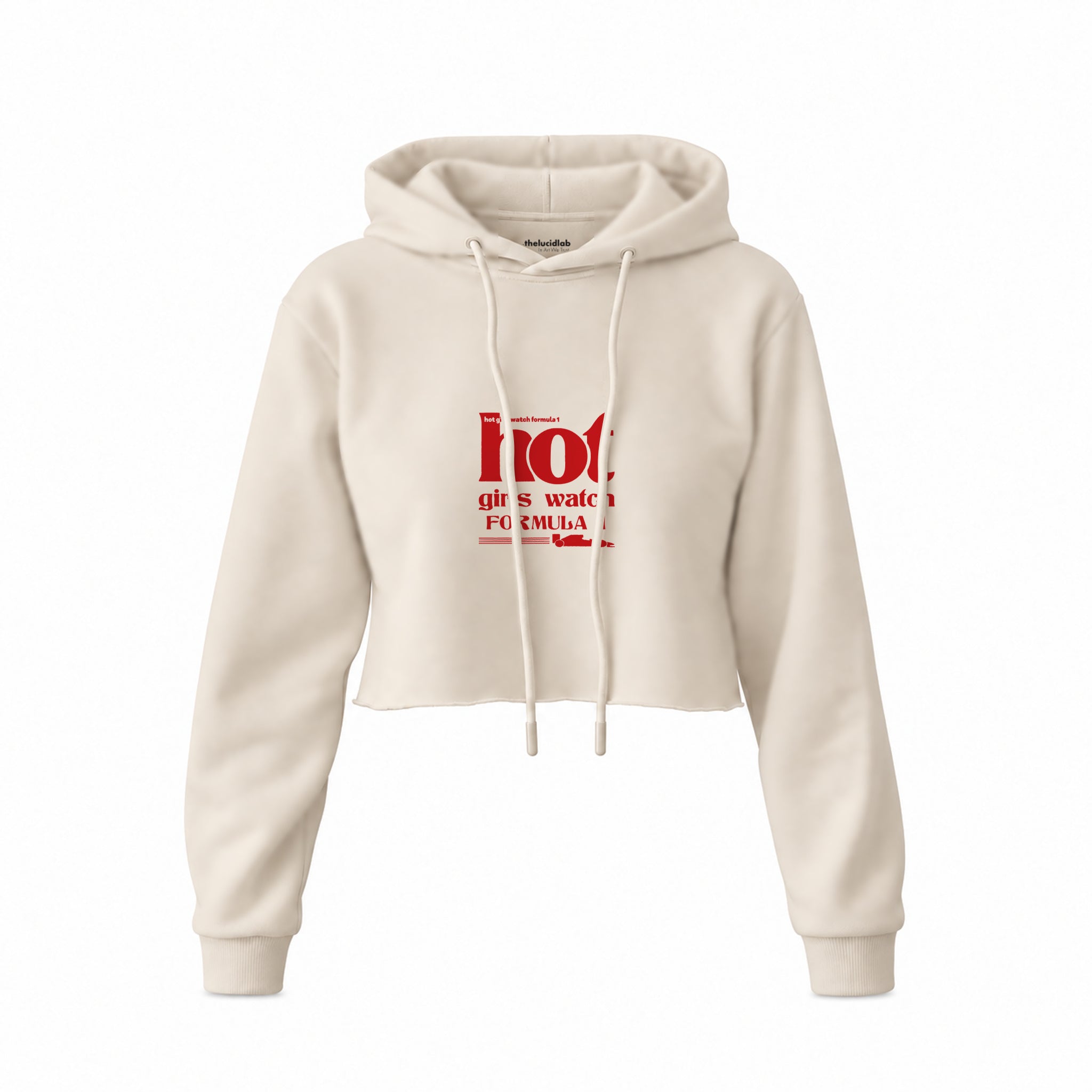 Hot Girls Watch Formula 1 Crop Hoodie — Krem — Ön baskı