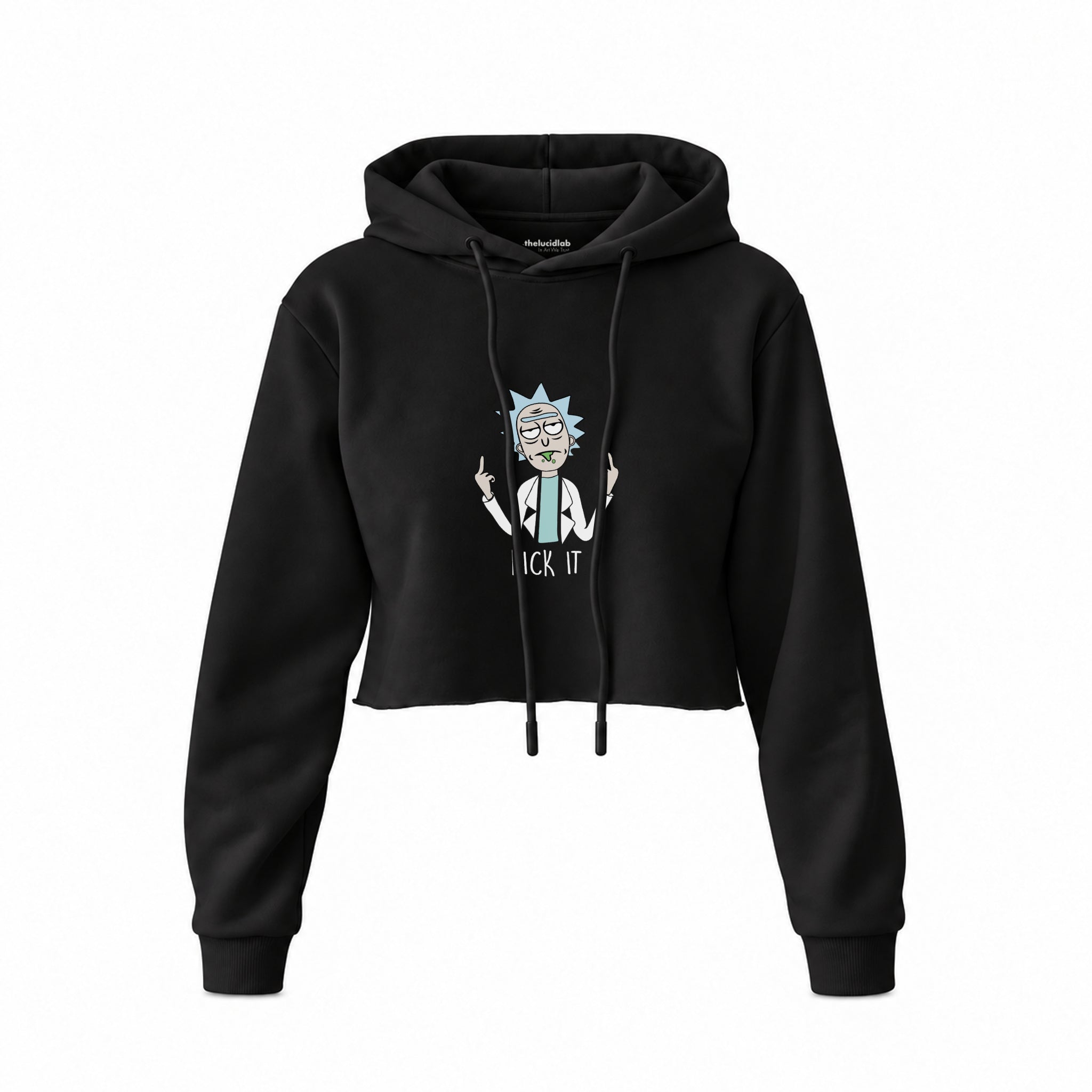 Rick It Crop Hoodie — Siyah — Ön baskı