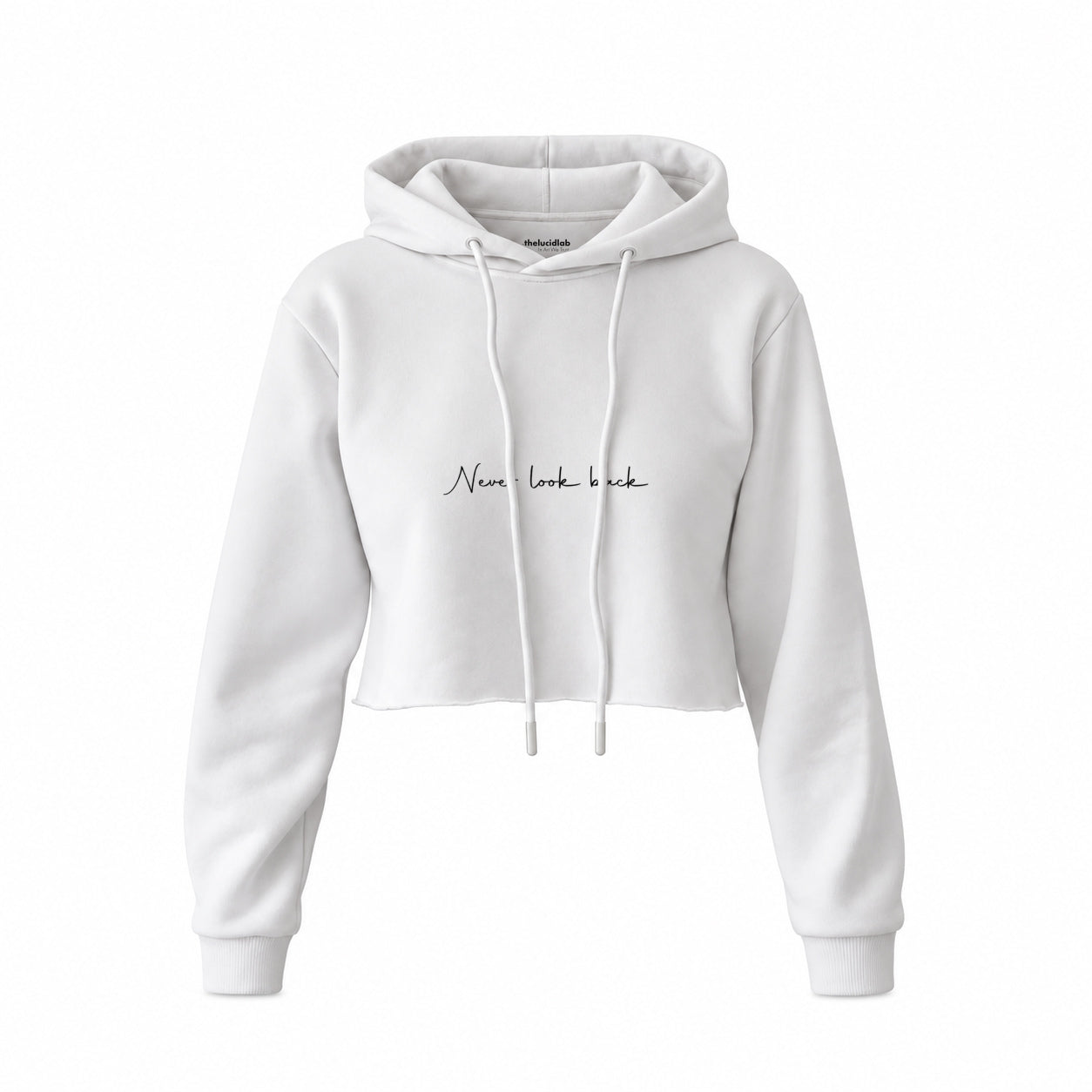 Never Look Back Crop Hoodie — Beyaz — Ön baskı