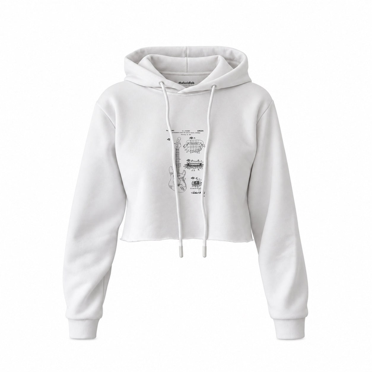 Fender Stratocaster Gitar Crop Hoodie — Beyaz — Ön baskı