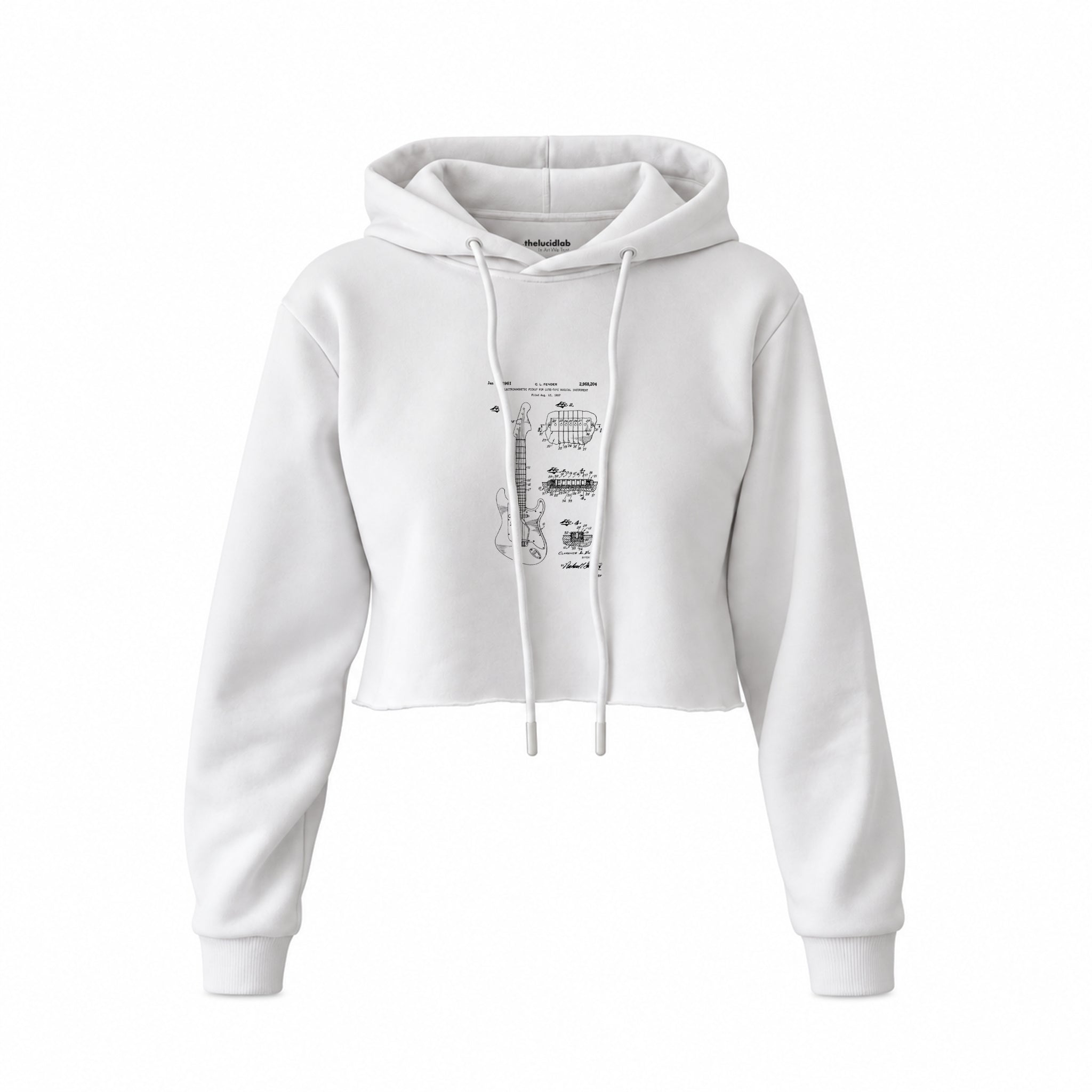 Fender Stratocaster Gitar Crop Hoodie — Beyaz — Ön baskı